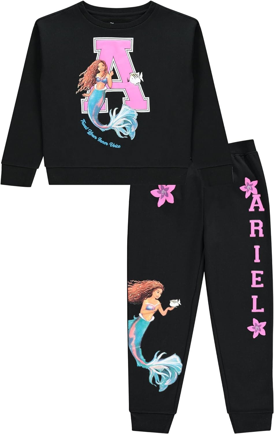 Disney Girls the Little Mermaid Movie Girls Fleece Skimmer Hoodie & Jogger 2pc Set - Ariel, Flounder, Sebastian