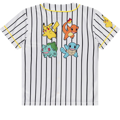 Boys Pokémon Baseball Jersey Shirt - Featuring Pikachu, Charizard, Squirtle and Bulbasaur- Little and Big Boys Sizes XS-XL White