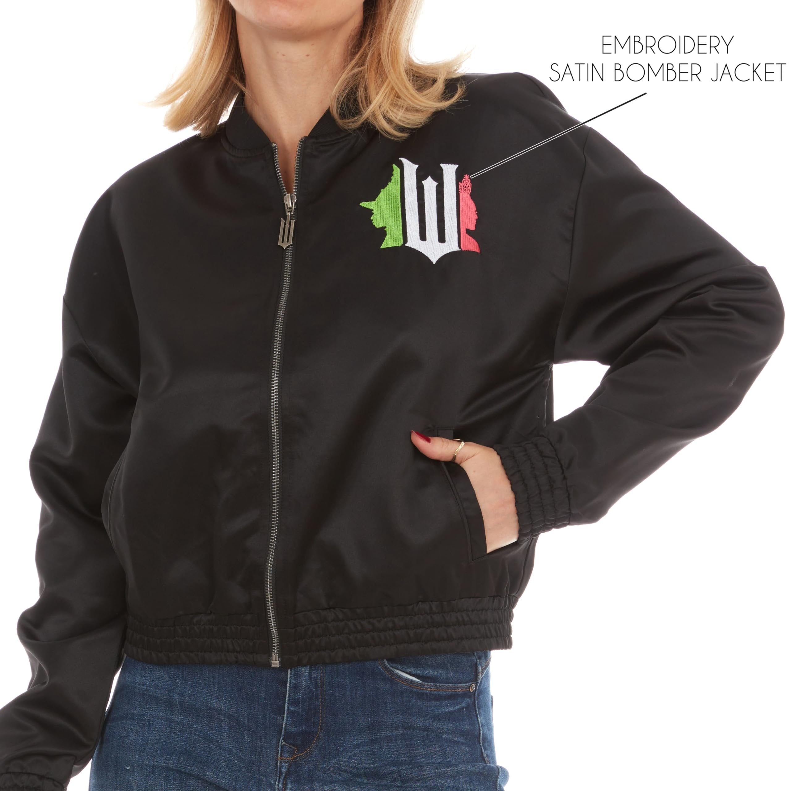 Wicked womens Wicked Women’s, Ladies & Juniors Satin Bomber Jacket With Embroidery, Applique Patches & Printed Lining