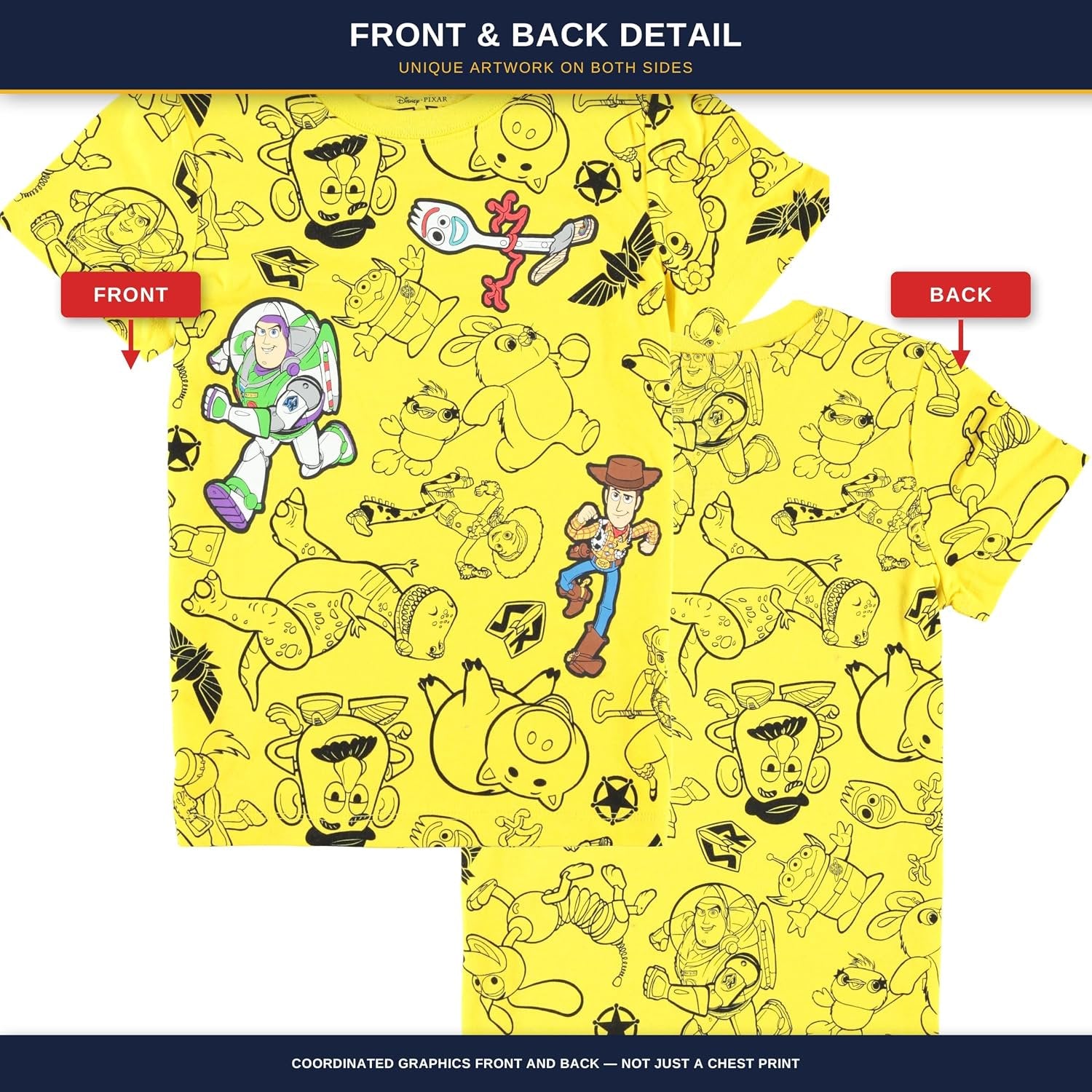 Disney Toy Story Boys Short Sleeve T-Shirt - All Over Print T-Shirt - Woody, Buzz, Forky, Jessie, Rex and Aliens