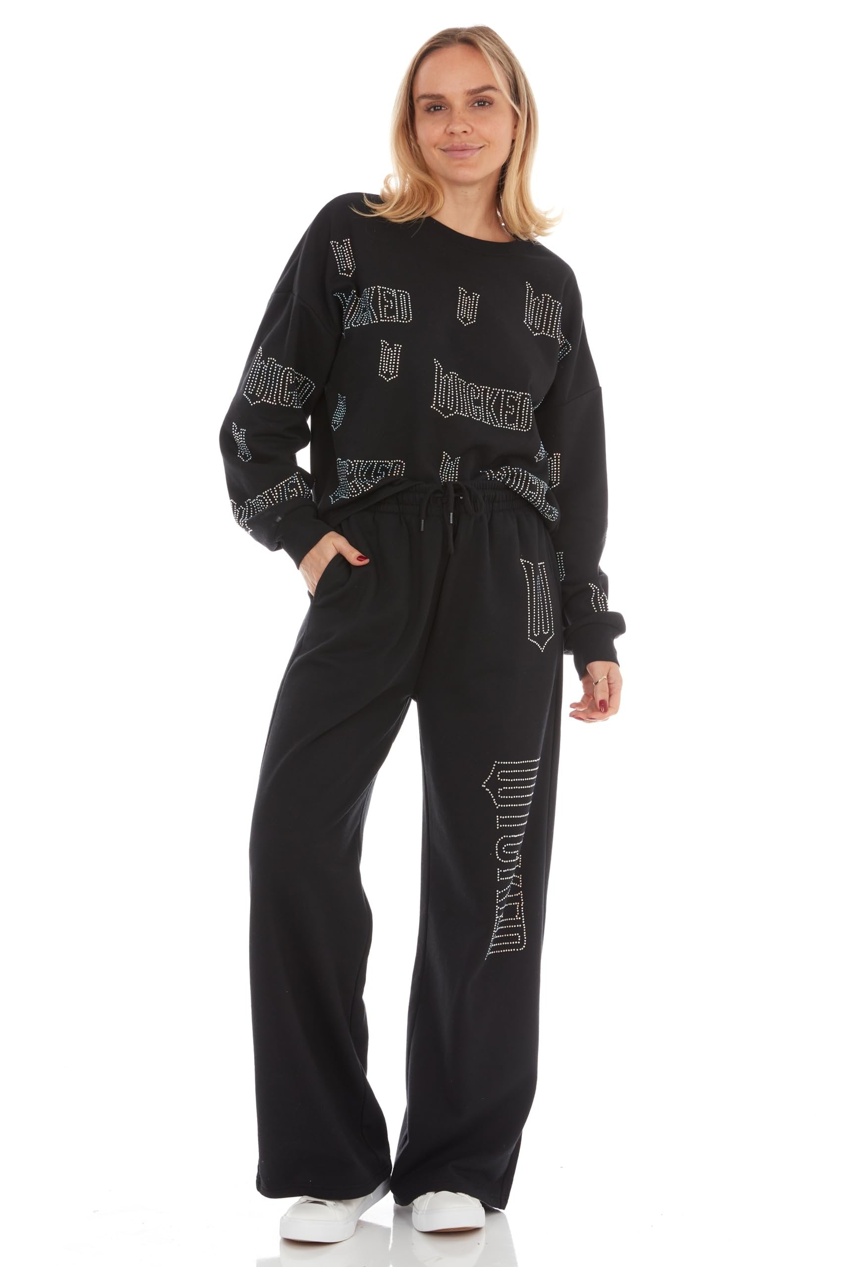 Wicked womens Wicked Women’s, Ladies & Juniors Black 2-piece Cropped Sweatshirt & Wide-leg Jogger Set With Iridescent RhinestonesSweatshirt & Pant Set