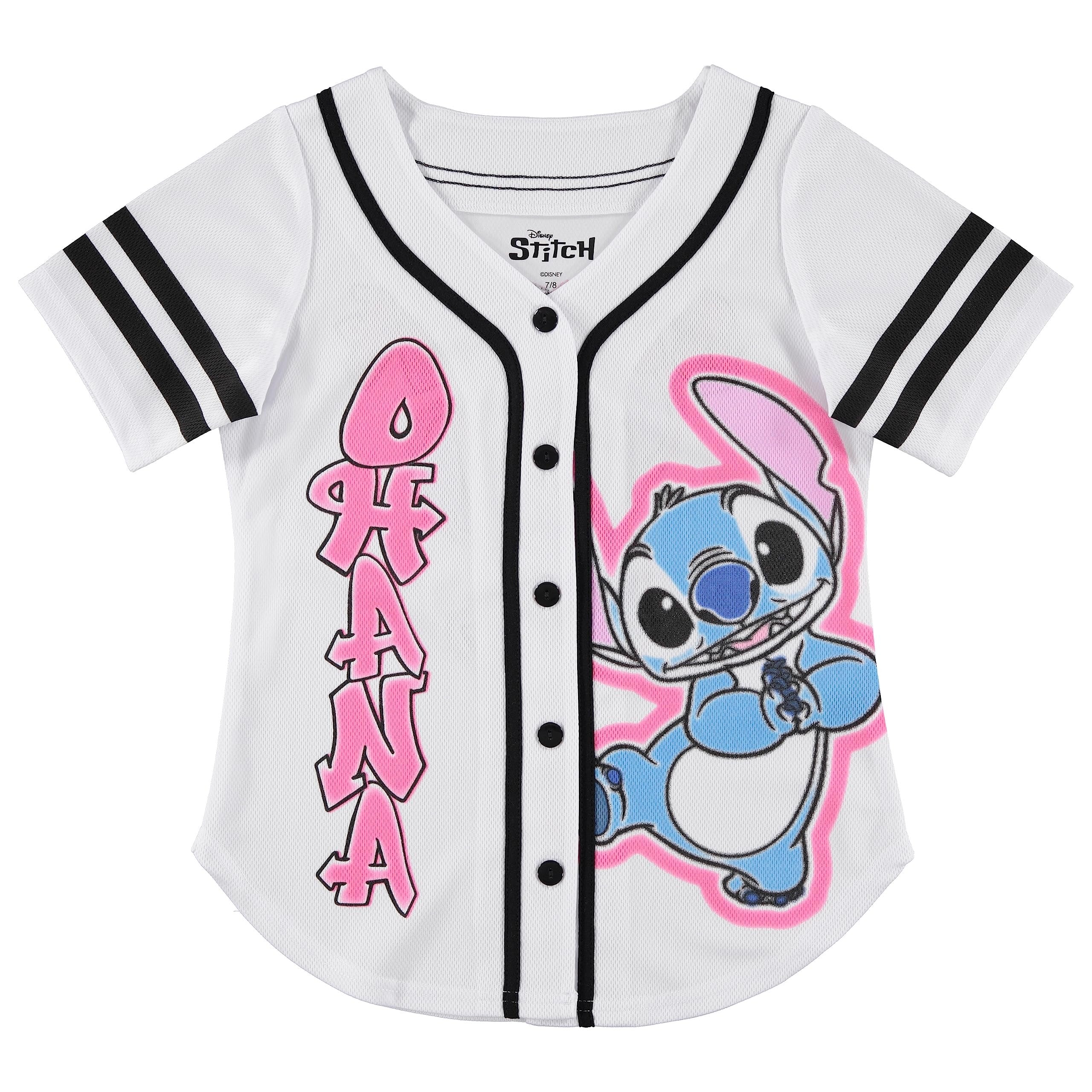 Disney Girls Baseball Jersey T-Shirt with Lilo & Stitch and Mickey Mouse- Girls Sizes 4-16 Hot Pink