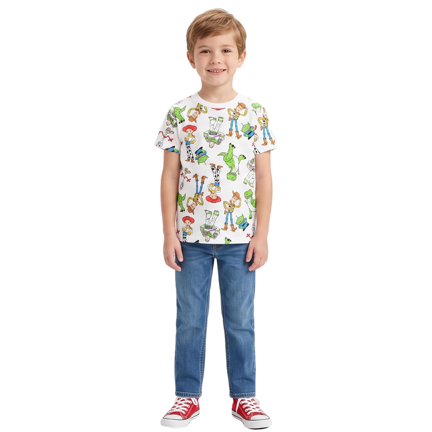 Disney Toy Story Boys Short Sleeve T-Shirt - All Over Print T-Shirt - Woody, Buzz, Forky, Jessie, Rex and Aliens