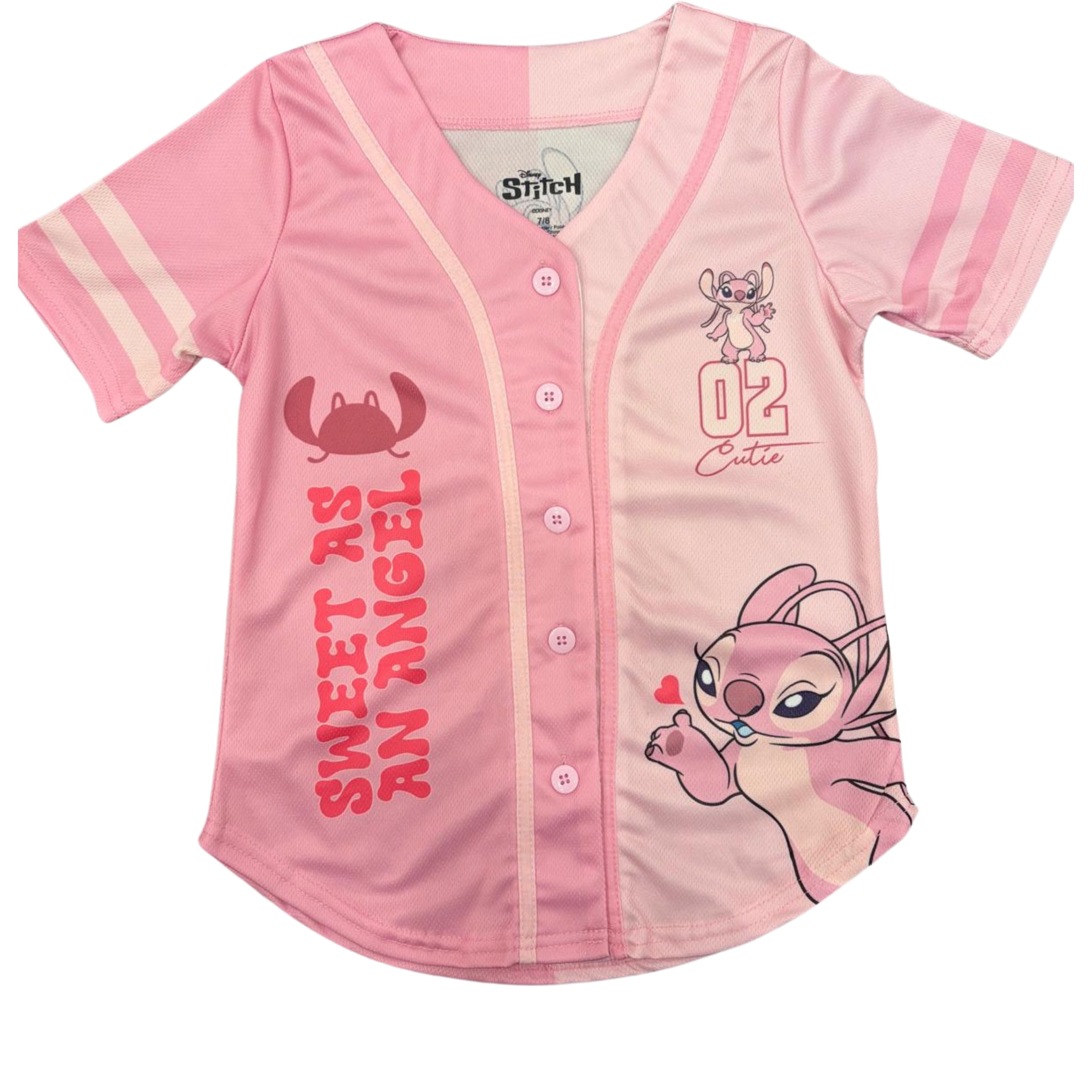 Disney Girls Baseball Jersey T-Shirt with Lilo & Stitch and Mickey Mouse- Girls Sizes 4-16 Hot Pink