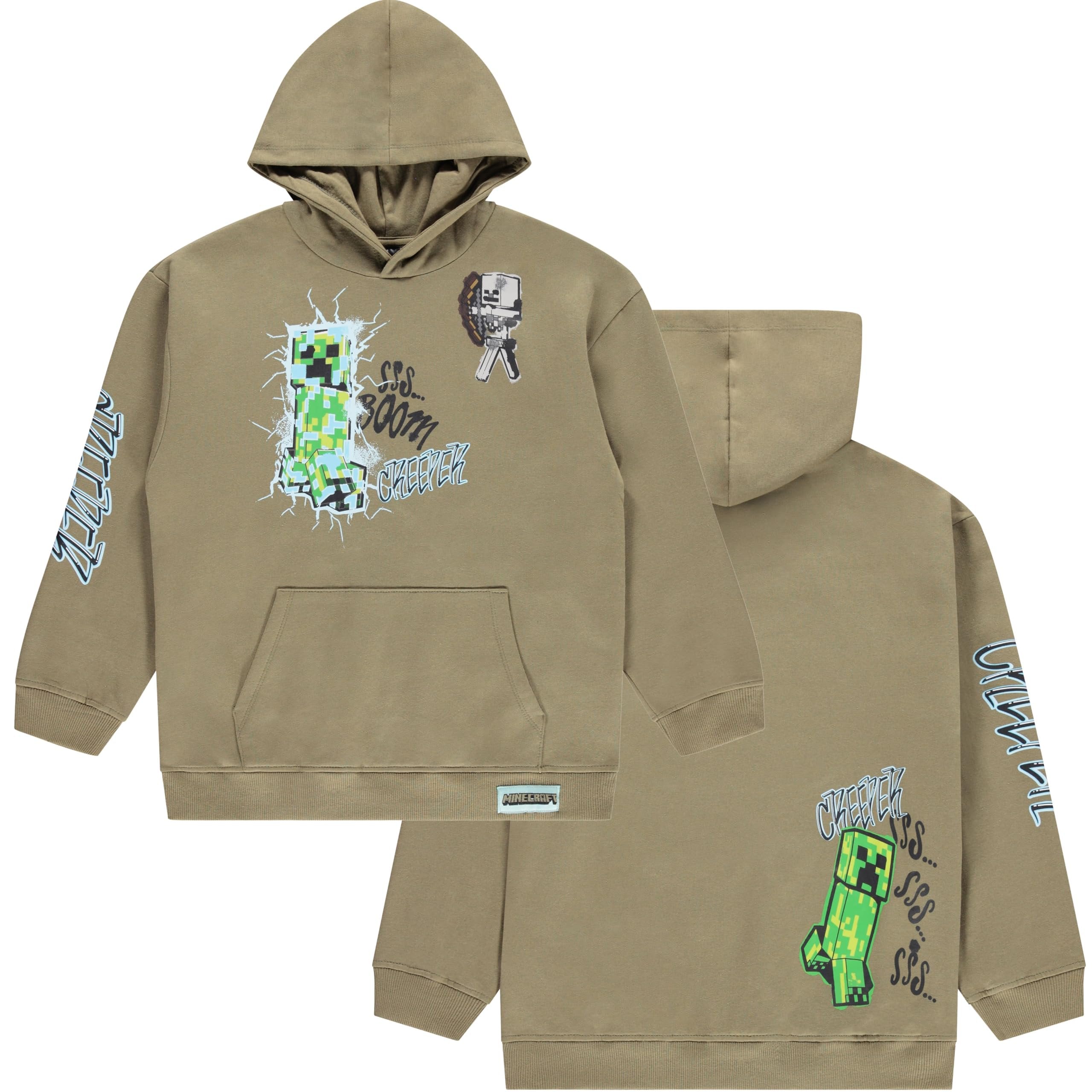 Minecraft Boys Pullover Hoodie, Creeper Graphic Fleece Sweatshirt, Olive Green, Sizes S–XL