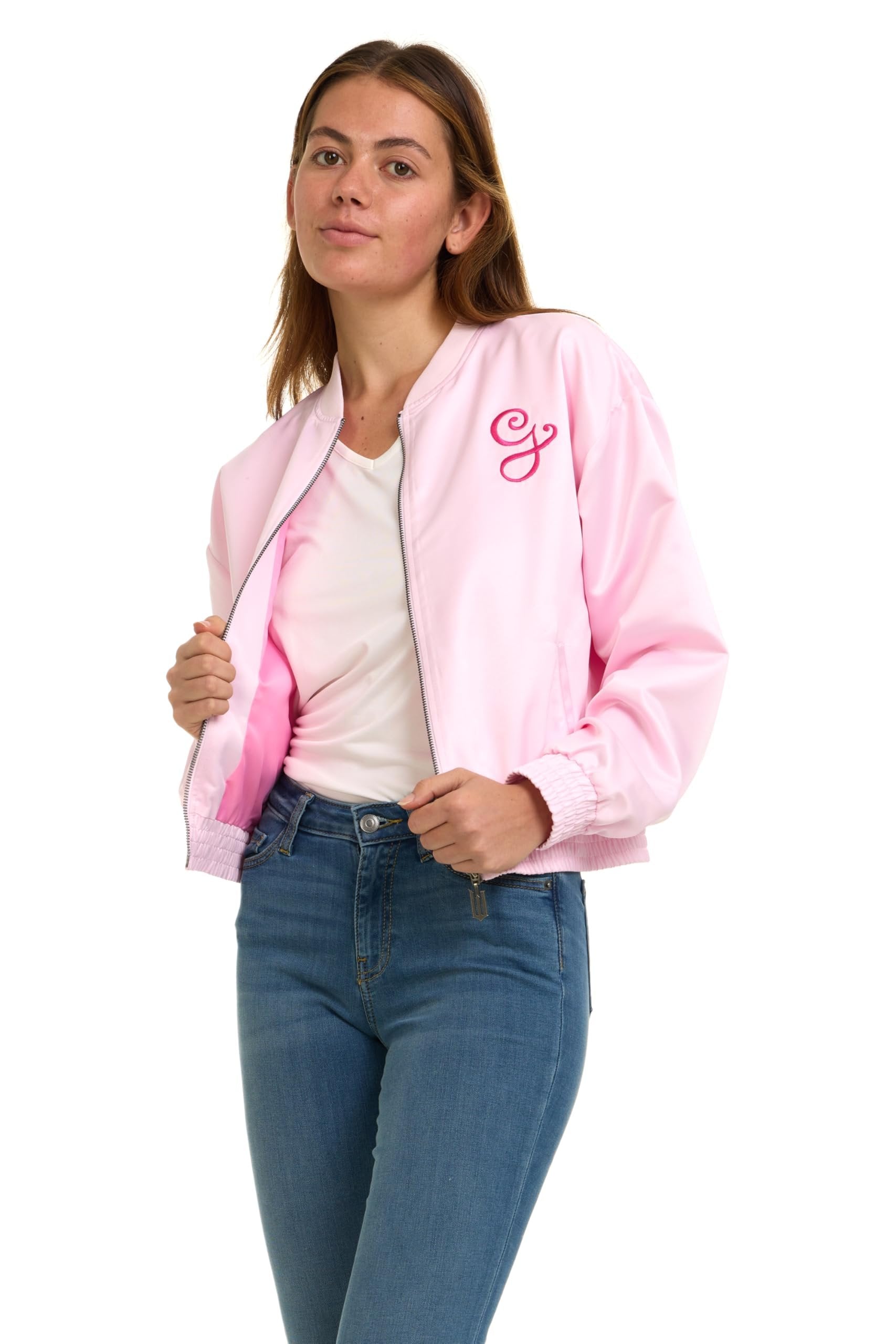 wicked Glinda Women’s, Ladies & Juniors Pink Satin Bomber Jacket with Embroidery & Metallic Foil Back Print
