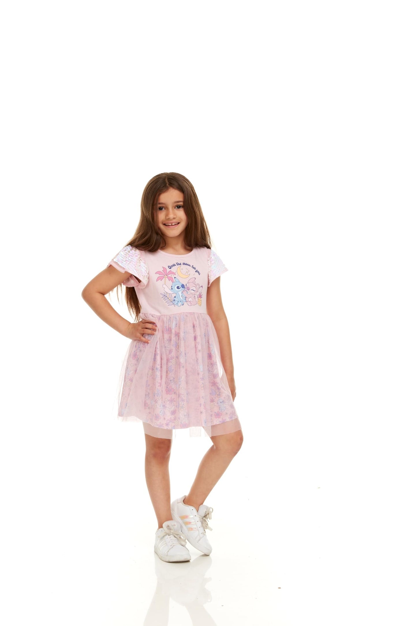 Disney Stitch & Angel Sequin Sleeve Tulle Dress-Girls Sizes 2-6x