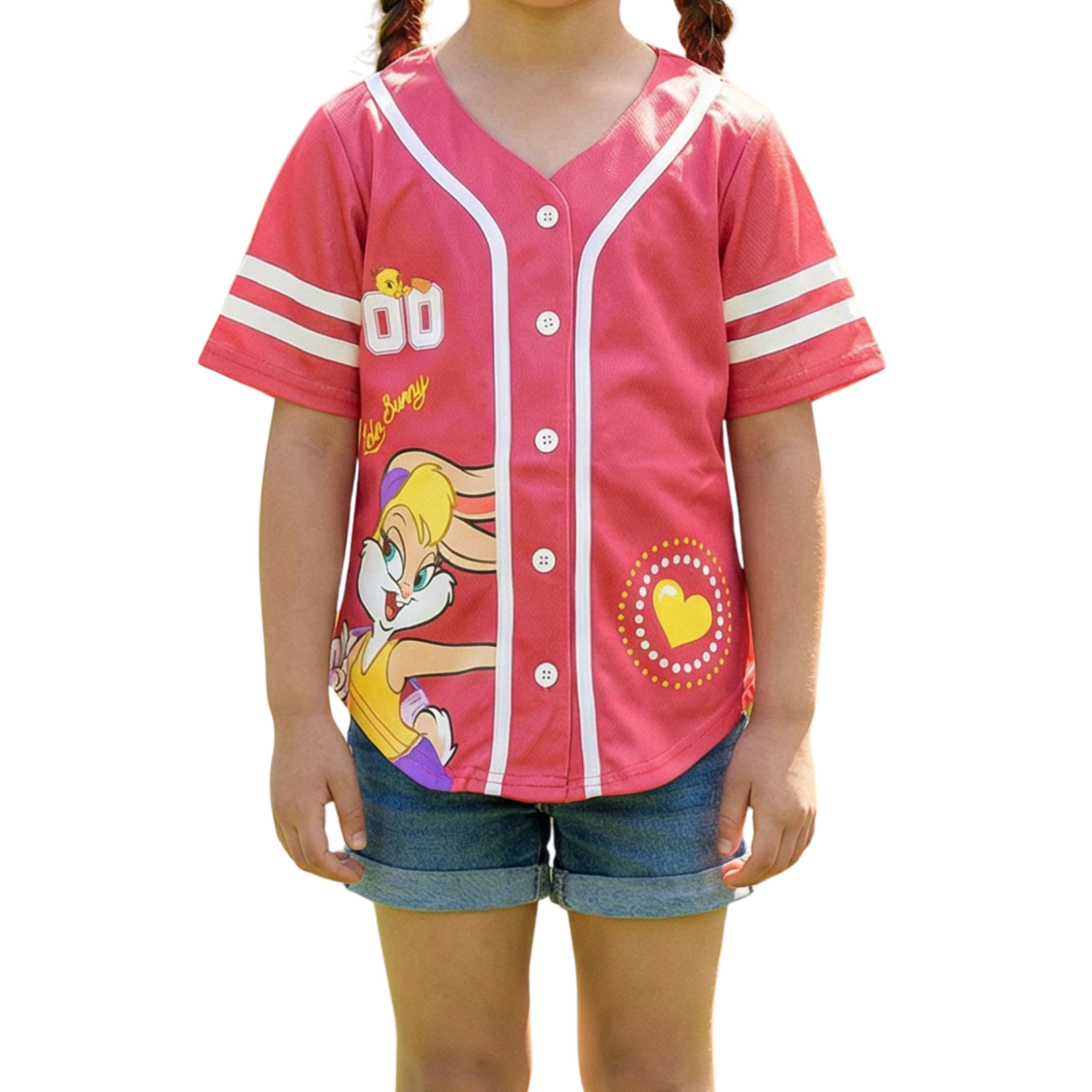 Looney Tunes Lola Bunny Girls Baseball Jersey, Short Sleeve Button-Up Graphic Shirt, Pink, Sizes 4–16