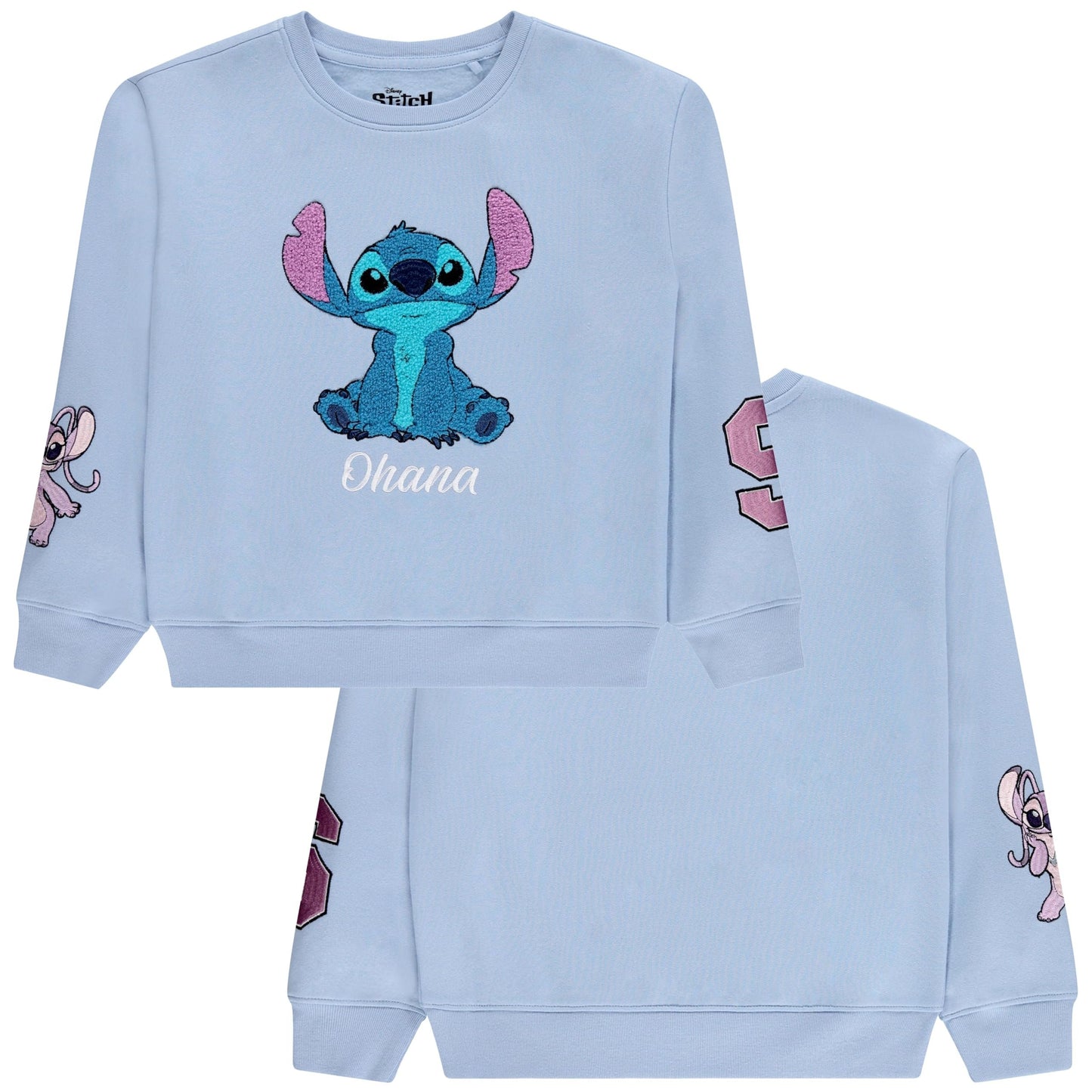 Disney Lilo & Stitch Girls Sweatshirt -Jumbo Graphic Print, Chenille patch and Embroidery Stitch Pullover Crewneck Sweatshirt- Sizes 4-16