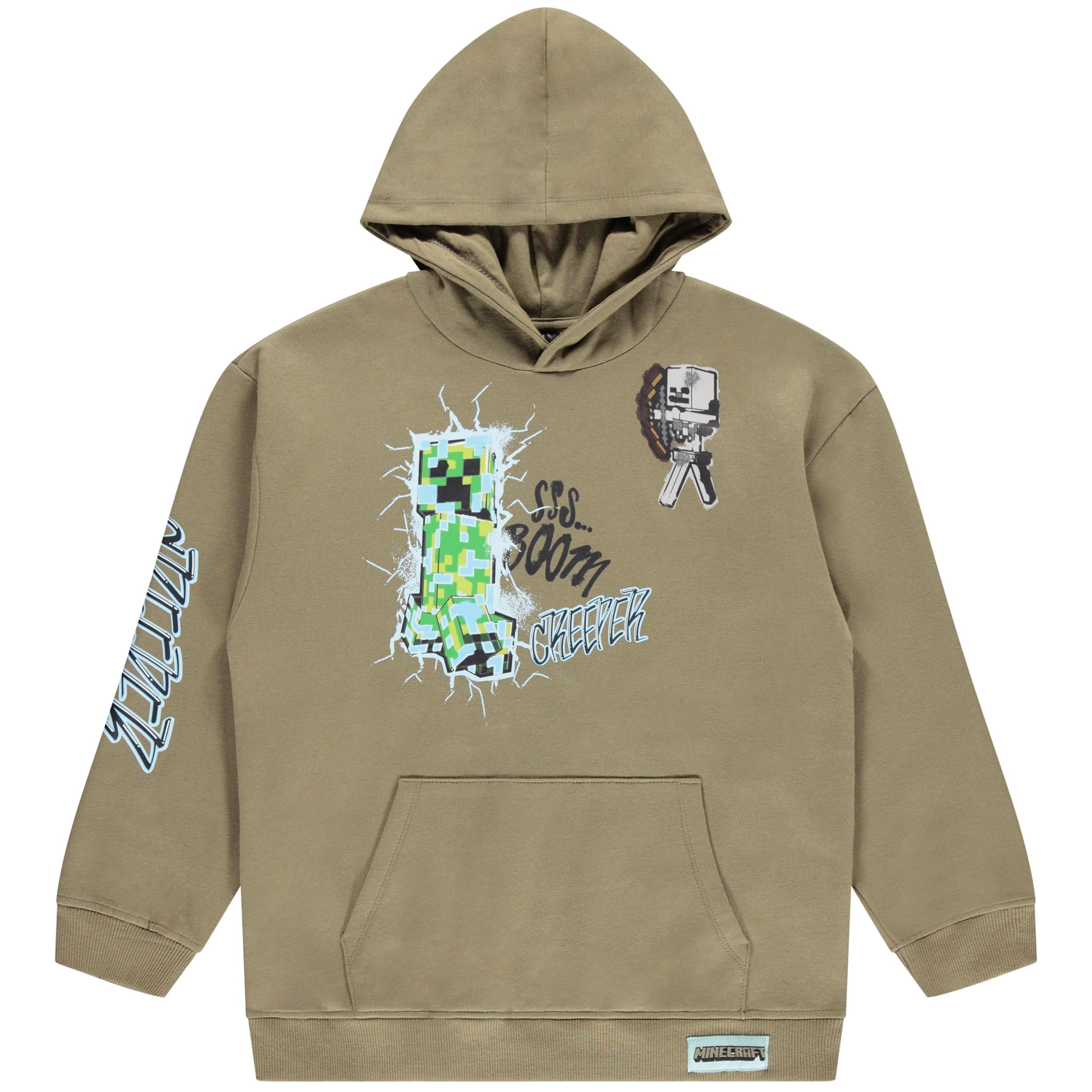 Minecraft Boys Pullover Hoodie, Creeper Graphic Fleece Sweatshirt, Olive Green, Sizes S–XL