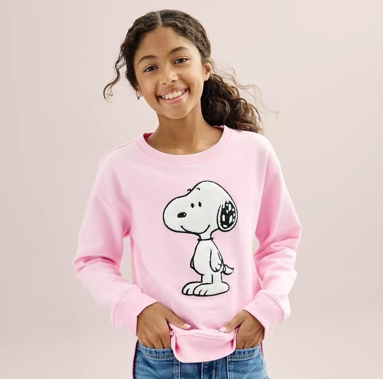 Peanuts Snoopy Girls Pullover Sweatshirt with Chenille Patch - Big Girls Sizes 7-16 Pink