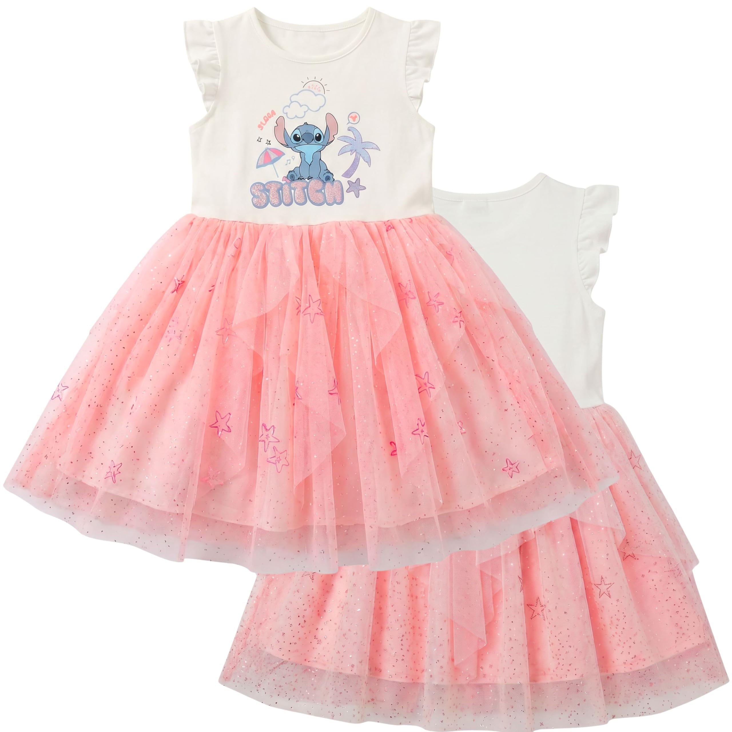 Disney Lilo & Stitch Girls Tulle Dress, Ruffle Sleeve Stitch Dress with Glitter Skirt, Little Girls Sizes 4-6X