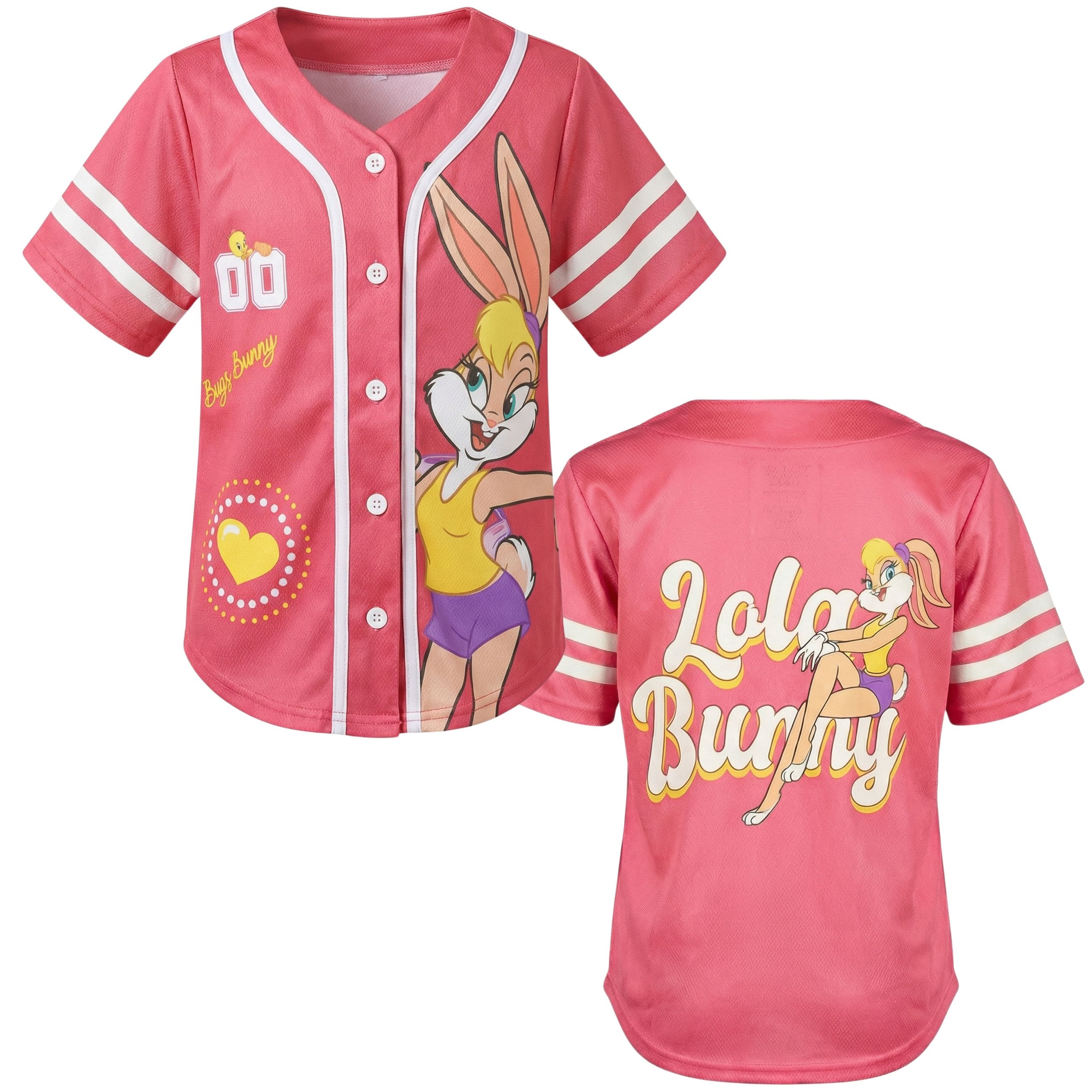 Looney Tunes Lola Bunny Girls Baseball Jersey, Short Sleeve Button-Up Graphic Shirt, Pink, Sizes 4–16