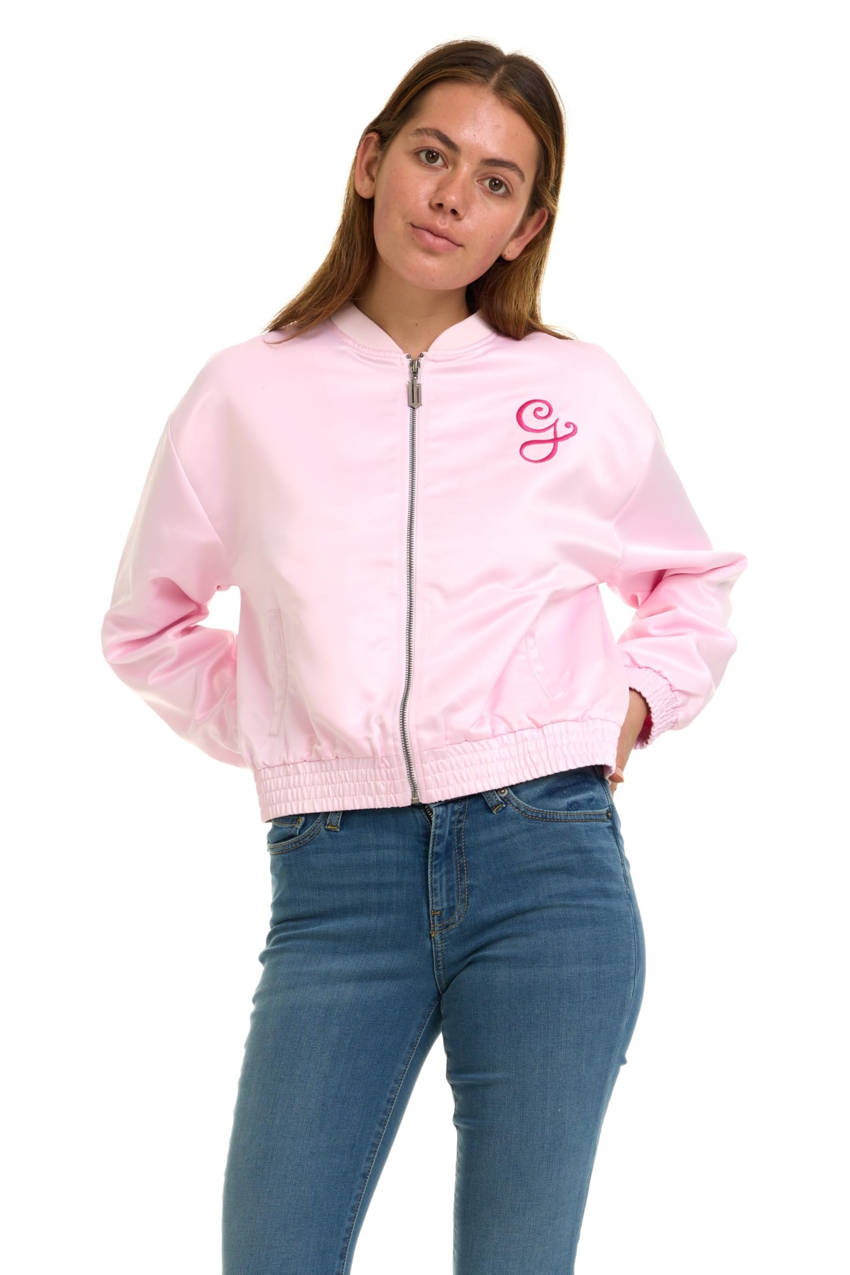 wicked Glinda Women’s, Ladies & Juniors Pink Satin Bomber Jacket with Embroidery & Metallic Foil Back Print