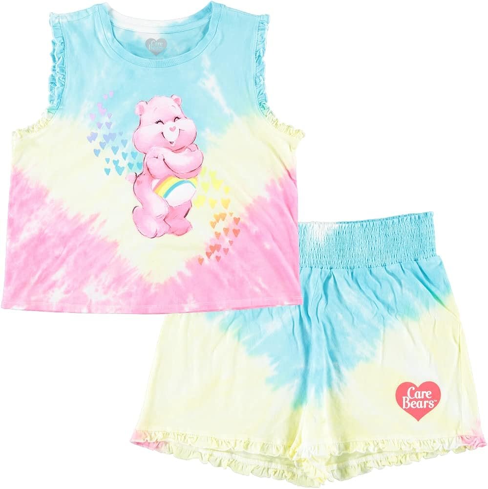 Care Bears Woman's Juniors Tie Dye Crop Tee and Shorts - Cheer Bear Tie Dye Set