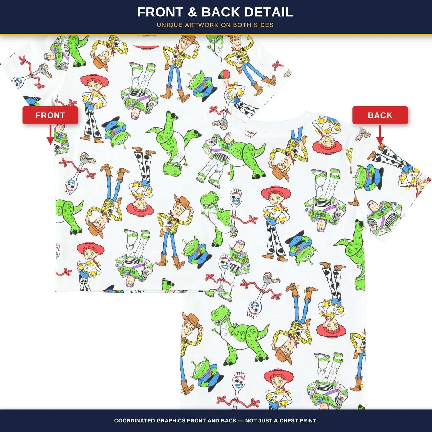 Disney Toy Story Boys Short Sleeve T-Shirt - All Over Print T-Shirt - Woody, Buzz, Forky, Jessie, Rex and Aliens
