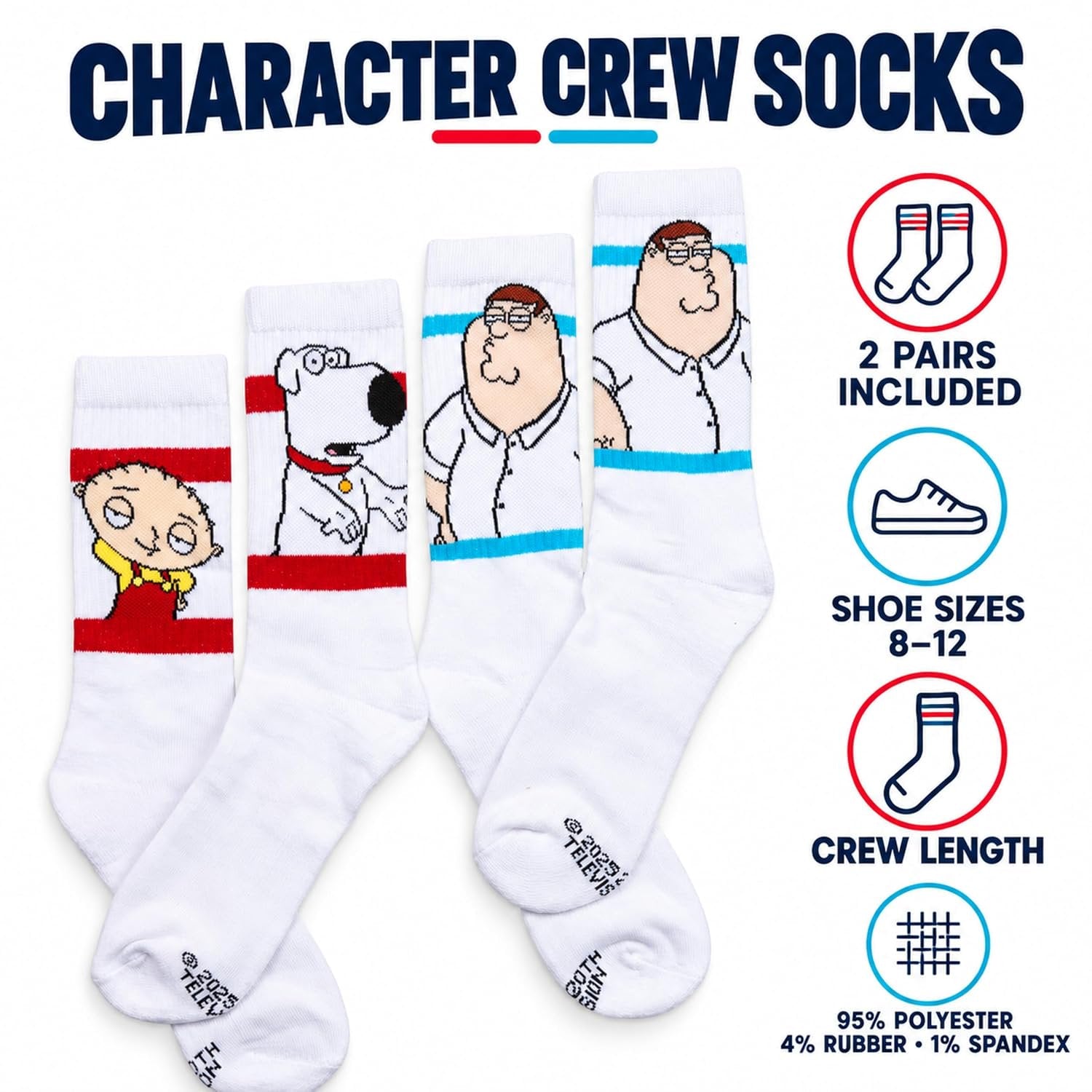 Family Guy Crew Socks, Peter Brian Stewie, 2 Pairs, Shoe Sizes 8-12
