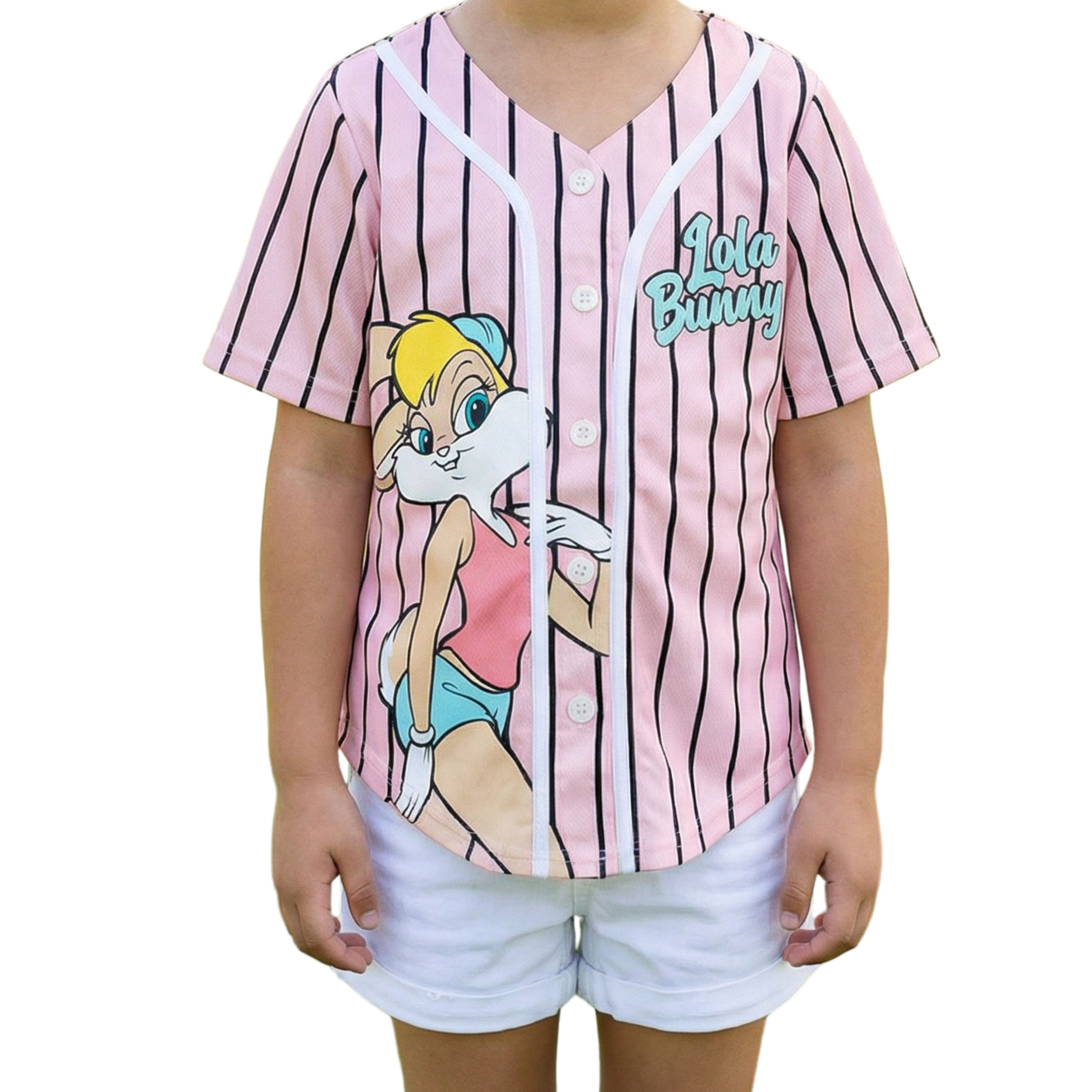 Looney Tunes Lola Bunny Girls Baseball Jersey, Short Sleeve Button-Up Graphic Shirt, Pink, Sizes 4–16