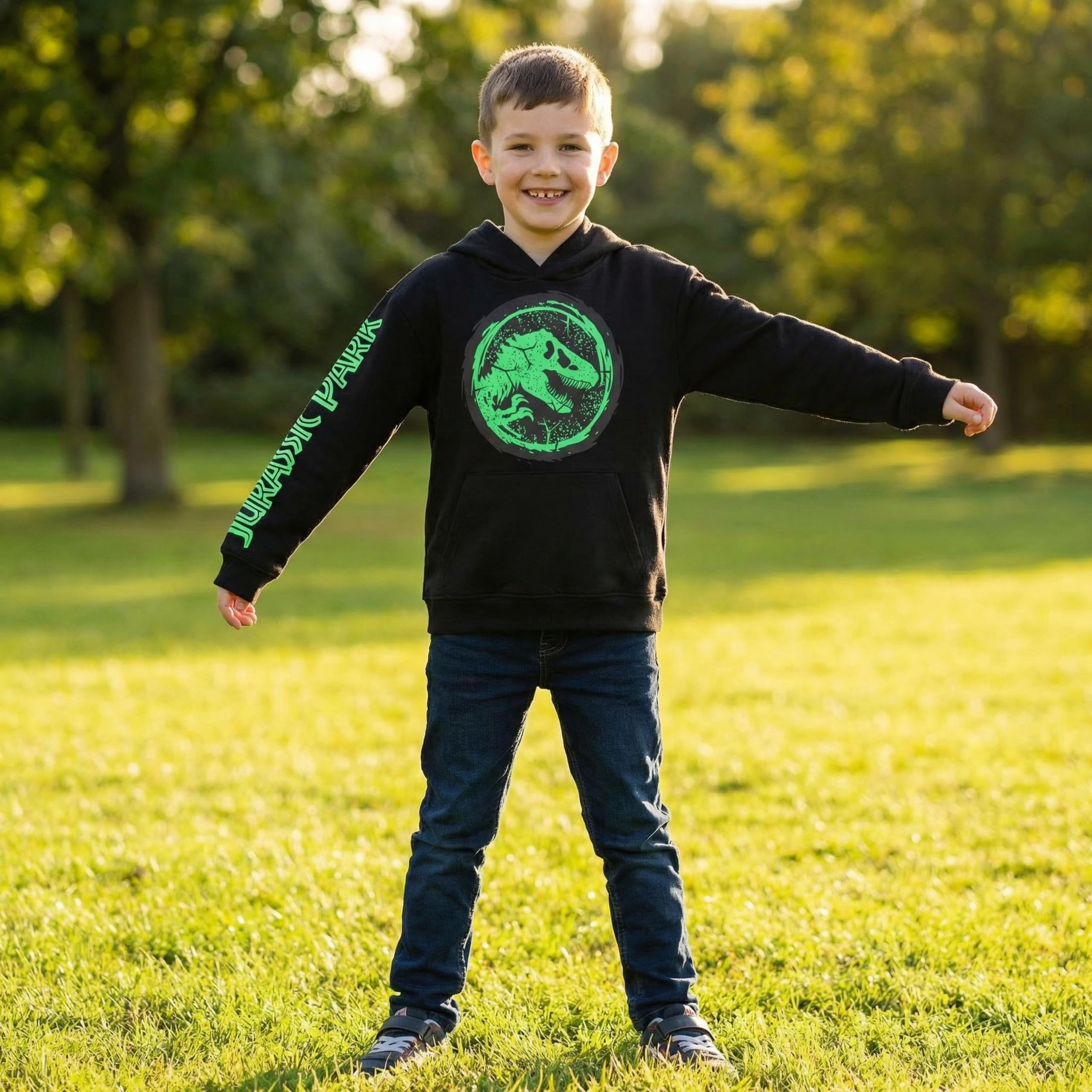 Jurassic World Boys Pullover Hoodie, Dinosaur Graphic Fleece Sweatshirt, Black, Sizes 4–20