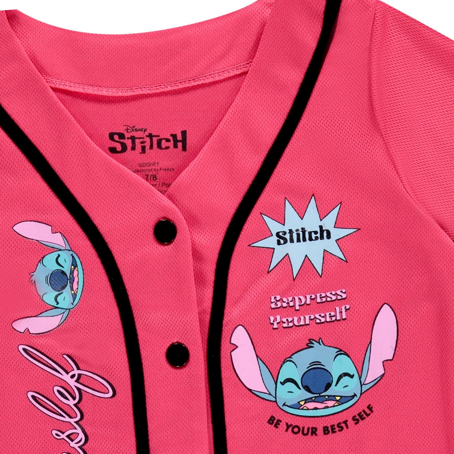 Disney Girls Baseball Jersey T-Shirt with Lilo & Stitch and Mickey Mouse- Girls Sizes 4-16 Hot Pink