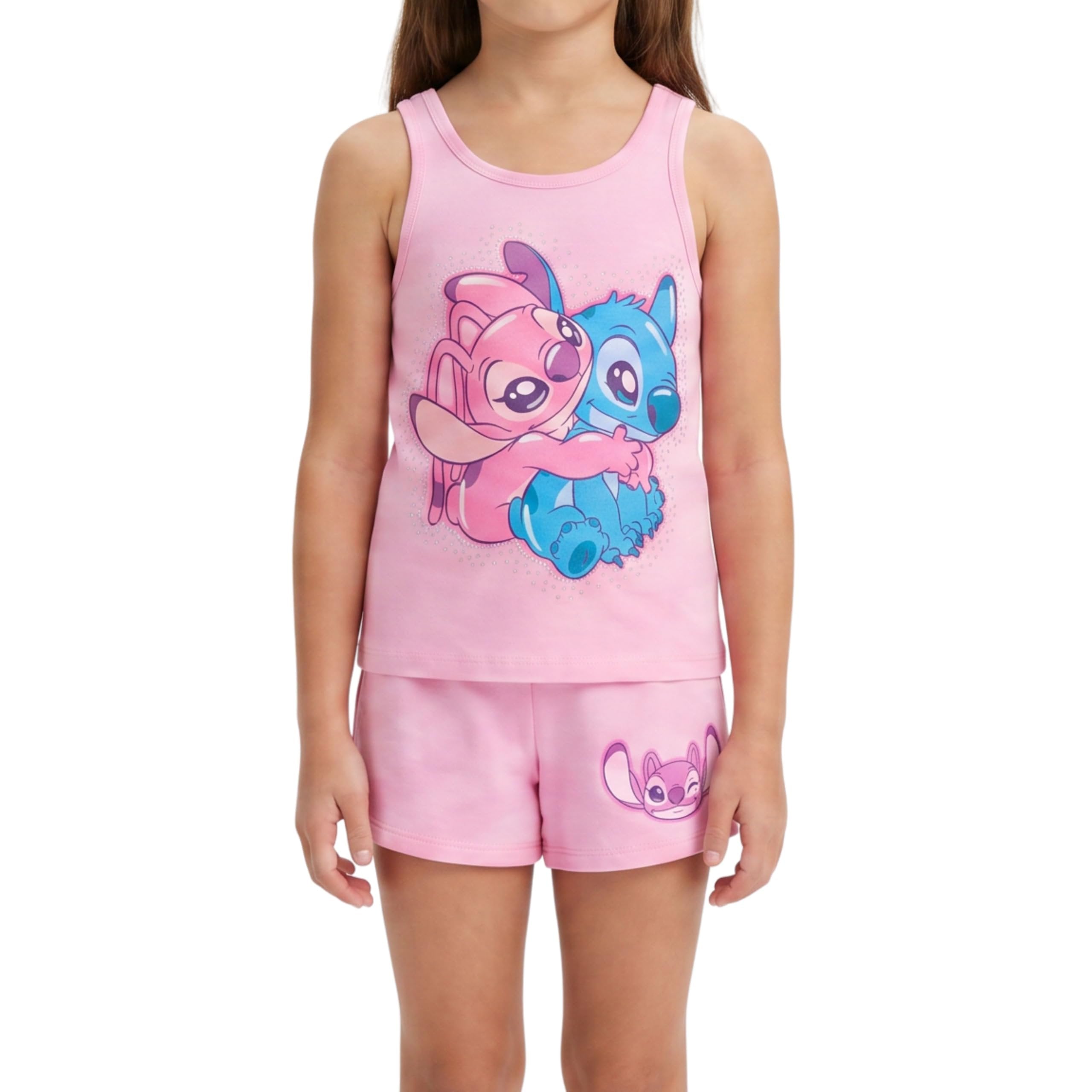 Disney Lilo & Stitch Girls 2 Piece Tank Top and Shorts Set – Gradient Rhinestone Graphic Summer Outfit