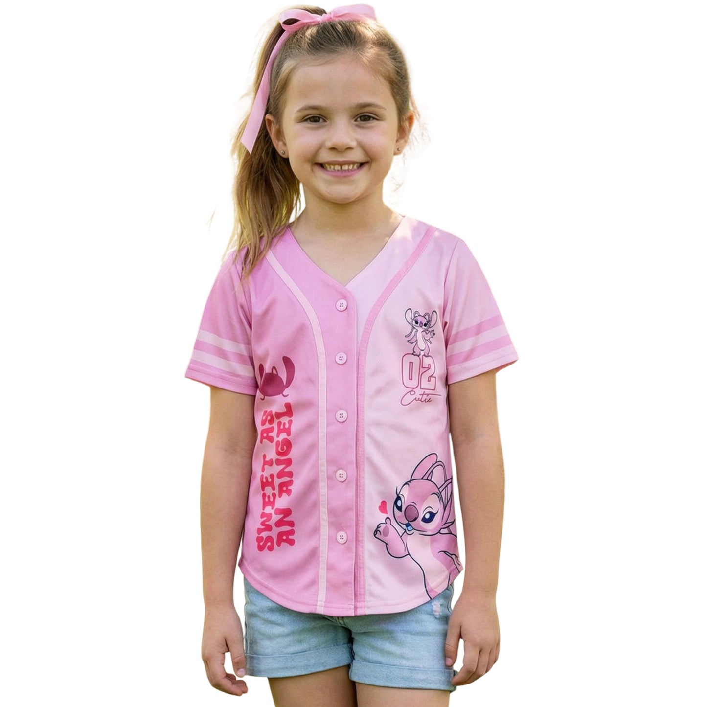Disney Girls Baseball Jersey T-Shirt with Lilo & Stitch and Mickey Mouse- Girls Sizes 4-16 Hot Pink