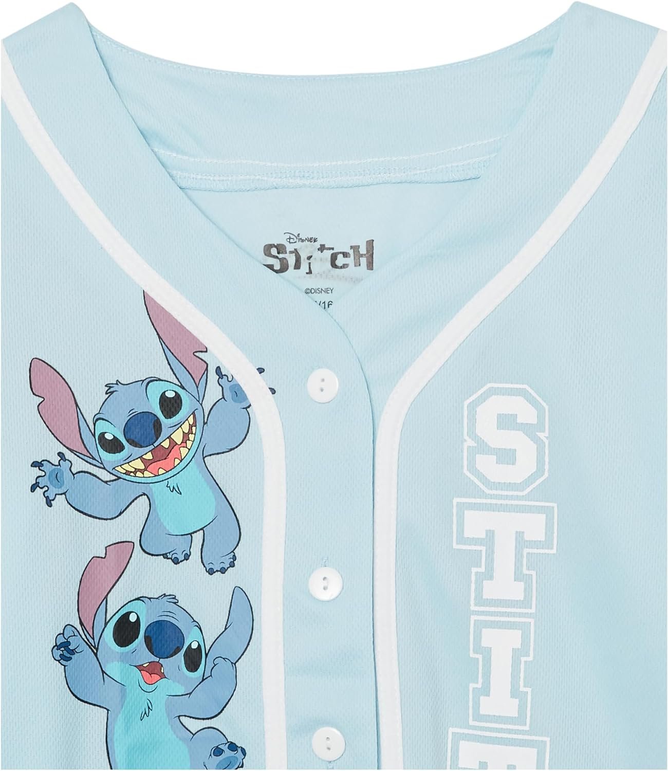 Light Blue/White Disney Girls Lilo & Stitch and Angel Baseball Jersey-Classic Mesh Button Down Shirt