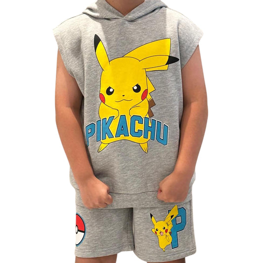 POKEMON Boys Pickachu Hooded Muscle T- Shirt and Shorts Clothing Set- Little and Big Boys Sizes 4-20