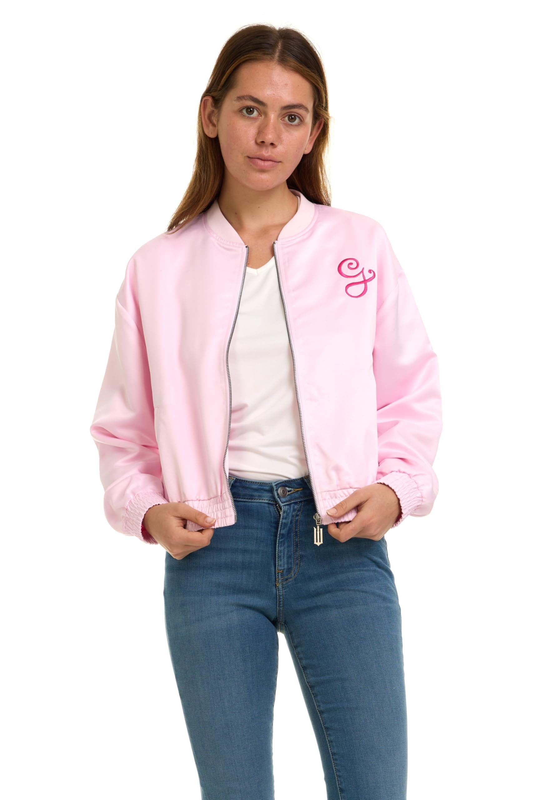 wicked Glinda Women’s, Ladies & Juniors Pink Satin Bomber Jacket with Embroidery & Metallic Foil Back Print
