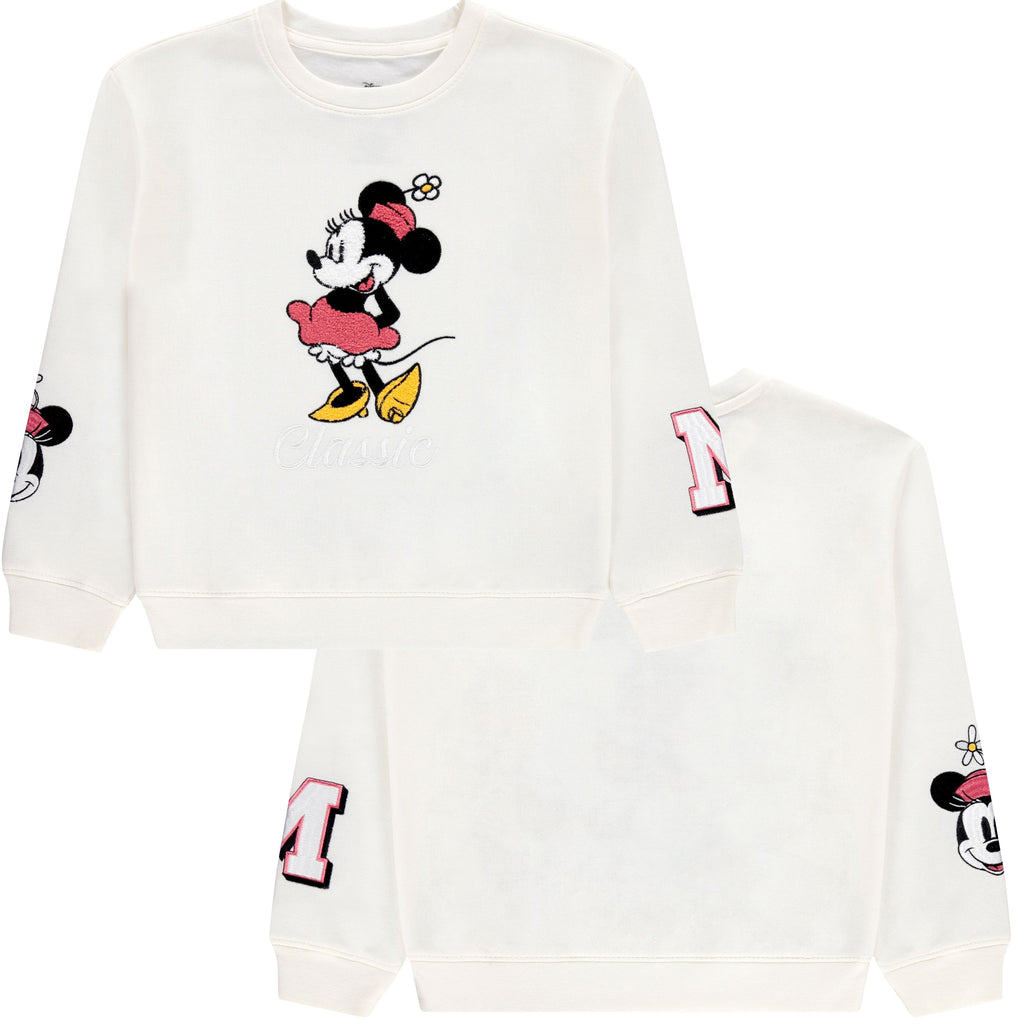 Minnie Mouse Girls Sweatshirt -Jumbo Print and Embroidery Minnie Mouse Sweater- Sizes 4-16
