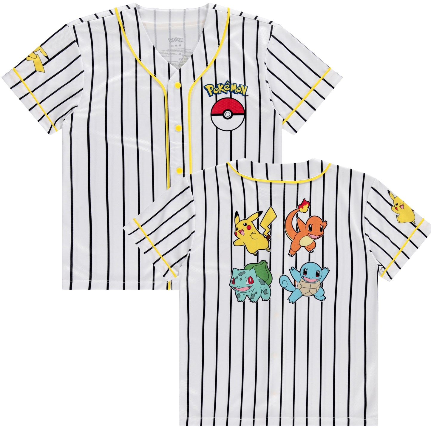 Boys Pokémon Baseball Jersey Shirt - Featuring Pikachu, Charizard, Squirtle and Bulbasaur- Little and Big Boys Sizes XS-XL White