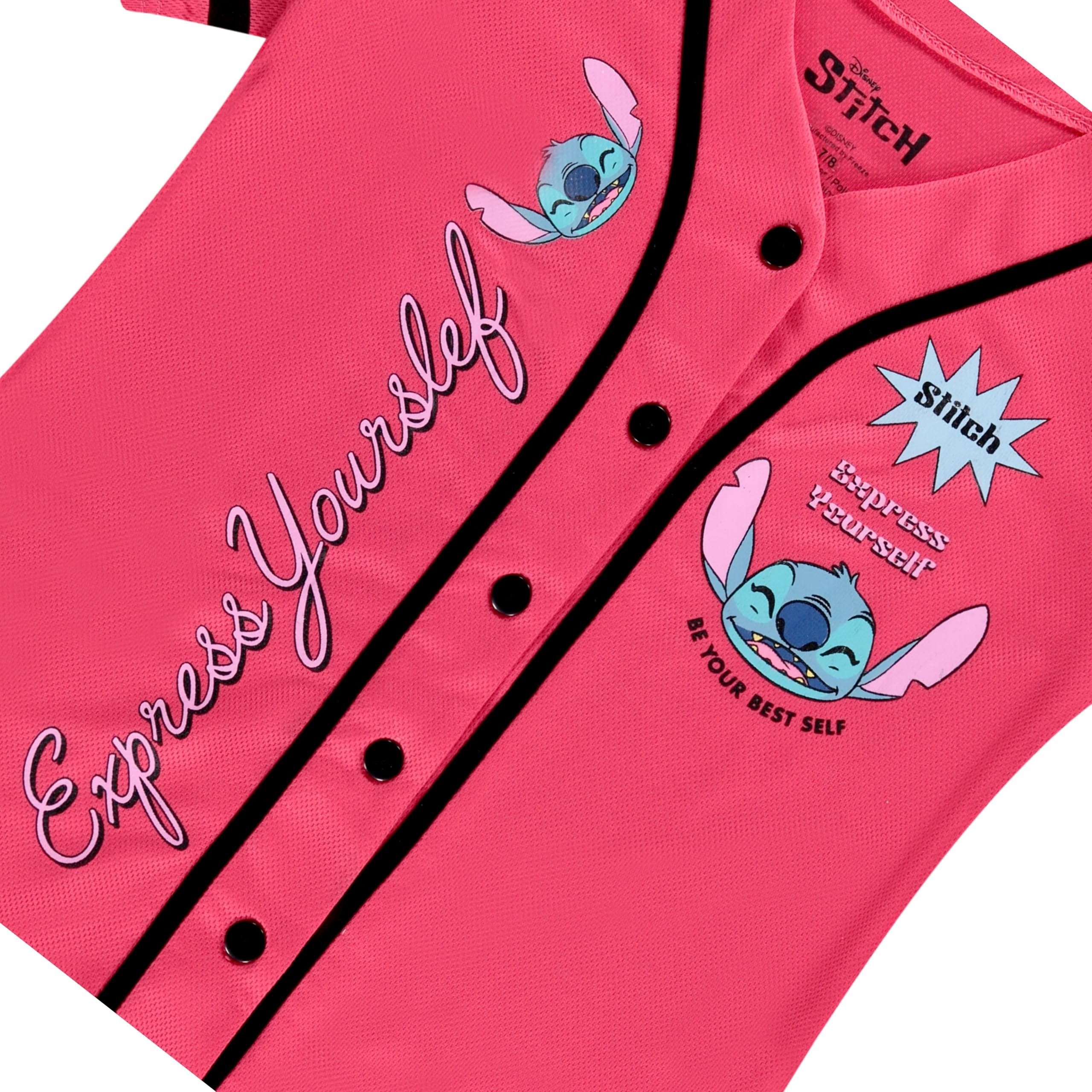 Disney Girls Baseball Jersey T-Shirt with Lilo & Stitch and Mickey Mouse- Girls Sizes 4-16 Hot Pink