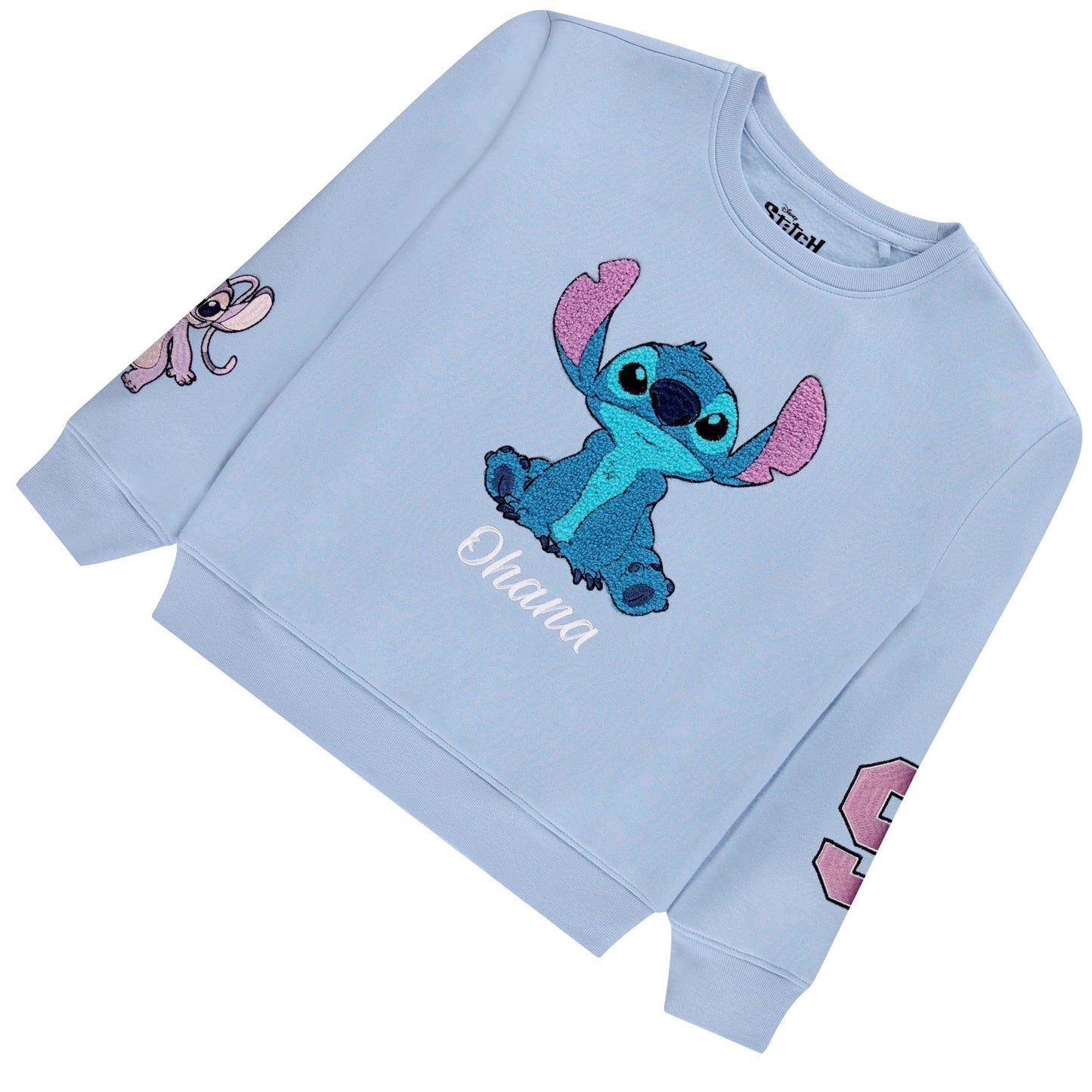 Disney Lilo & Stitch Girls Sweatshirt -Jumbo Graphic Print, Chenille patch and Embroidery Stitch Pullover Crewneck Sweatshirt- Sizes 4-16