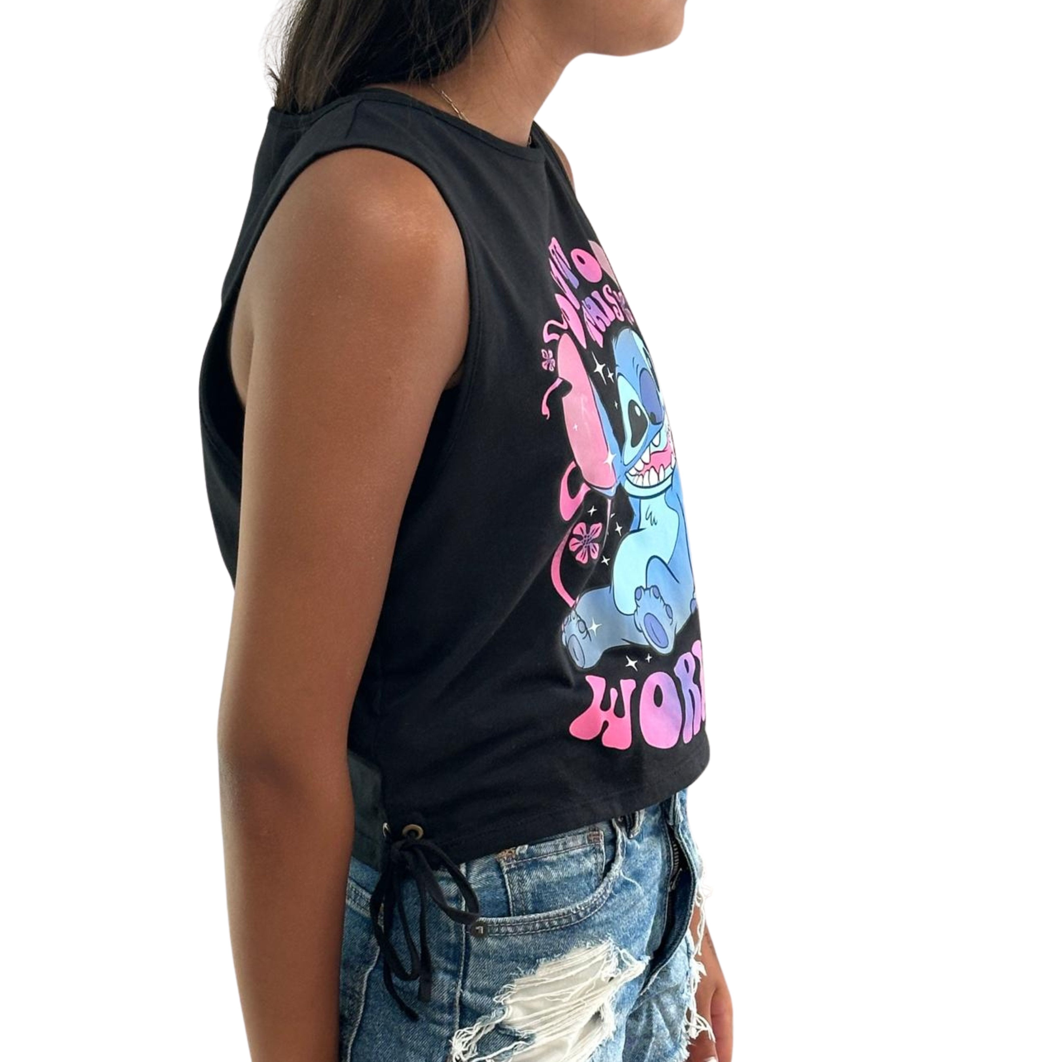 Disney Junior Girls Lilo and Stitch Crop Top Tank T-Shirt with Side Tie- Junior Girls Sizes XS-3XL