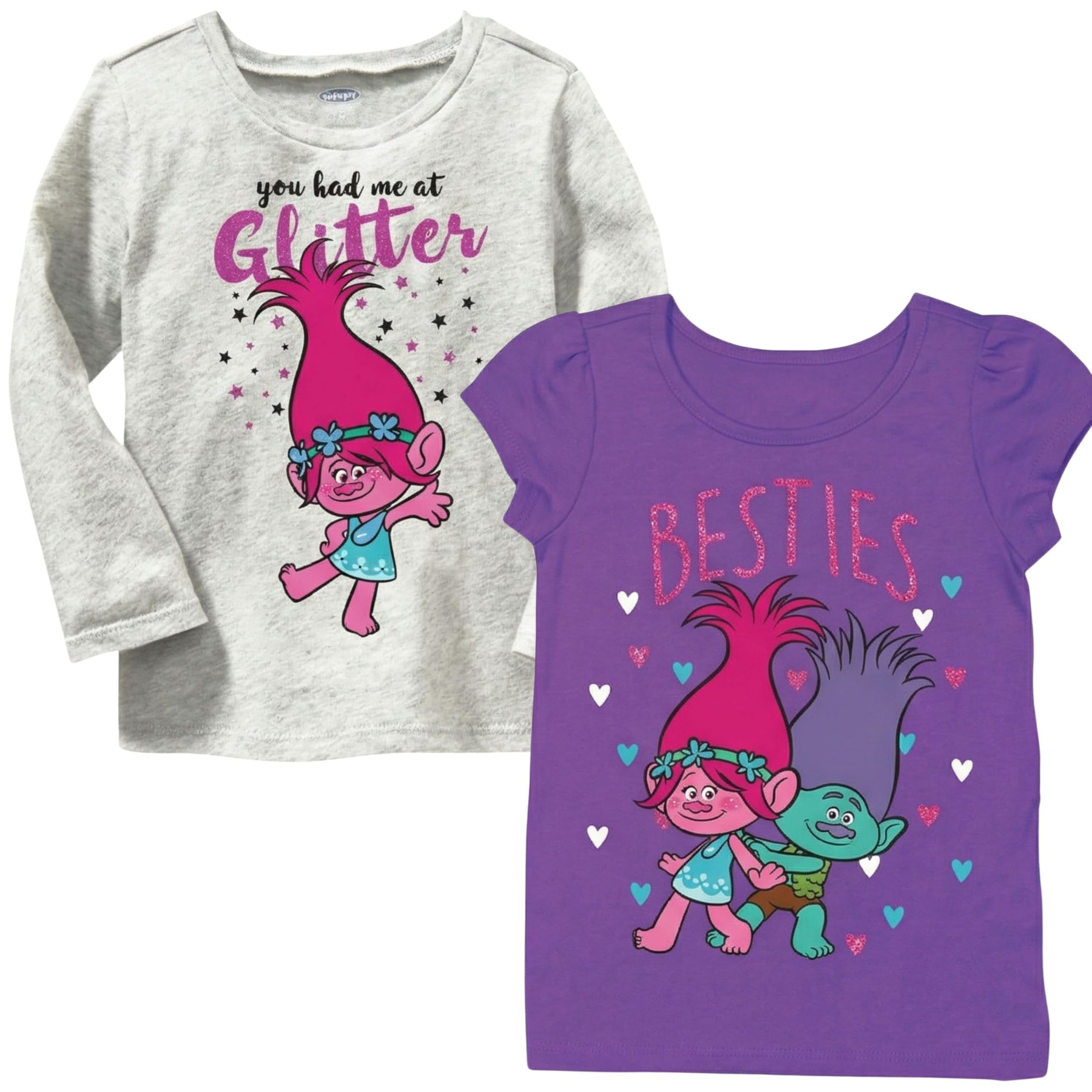 Trolls Toddler Girls Poppy & Branch 2 Pack T-Shirts Short Sleeve & Long Sleeve Sizes 2T-5T