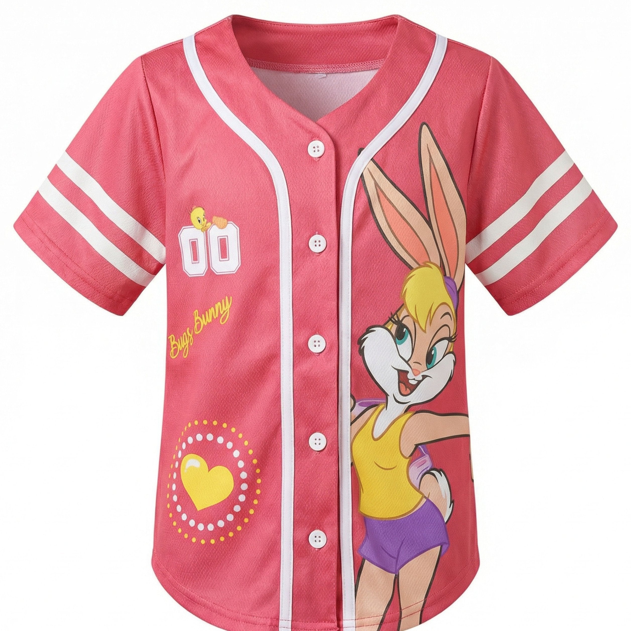 Looney Tunes Lola Bunny Girls Baseball Jersey, Short Sleeve Button-Up Graphic Shirt, Pink, Sizes 4–16