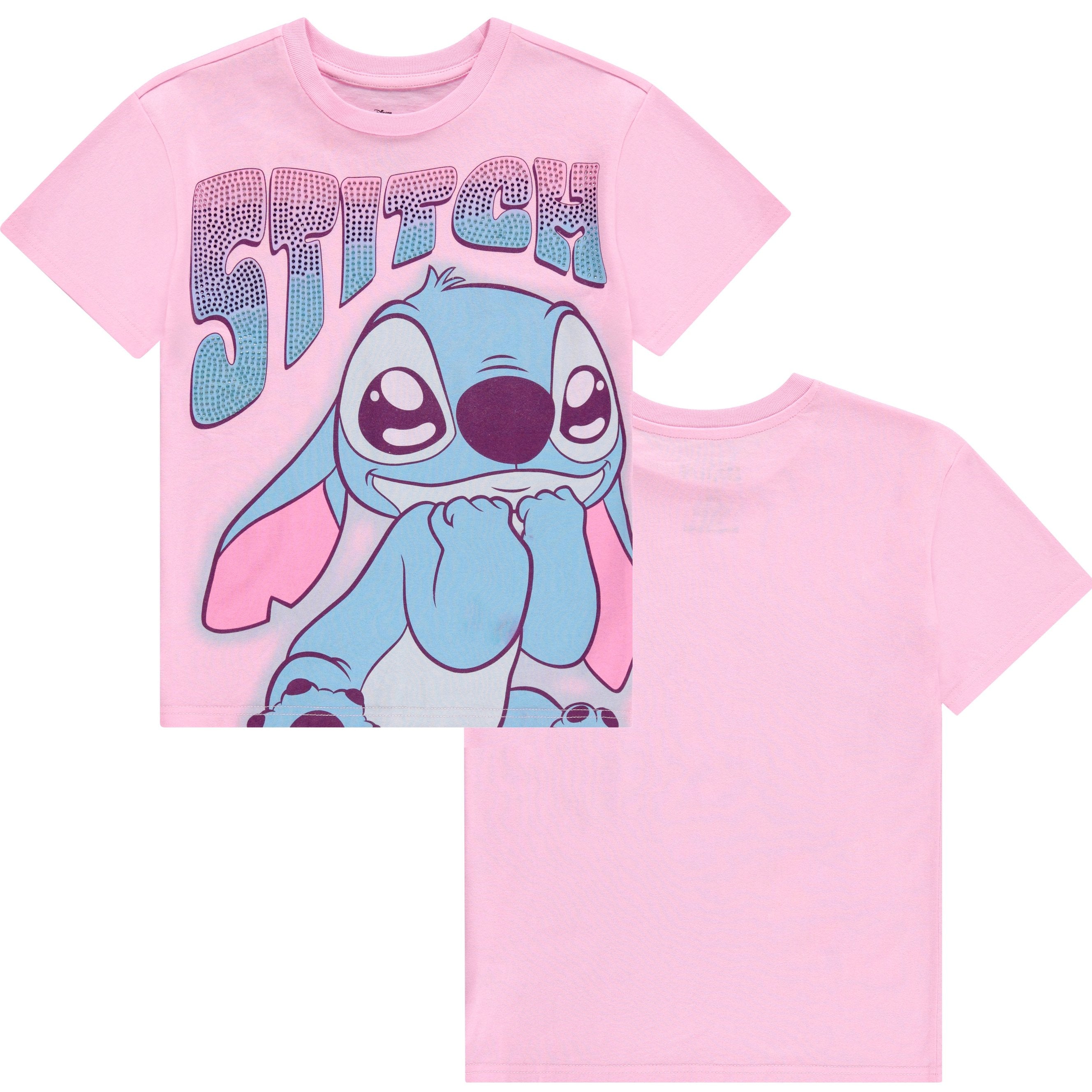 Disney Lilo and Stitch Girls Short Sleeve T-Shirt- Stitch & Angel Girls Tee with Rhinestones Sizes 4-16