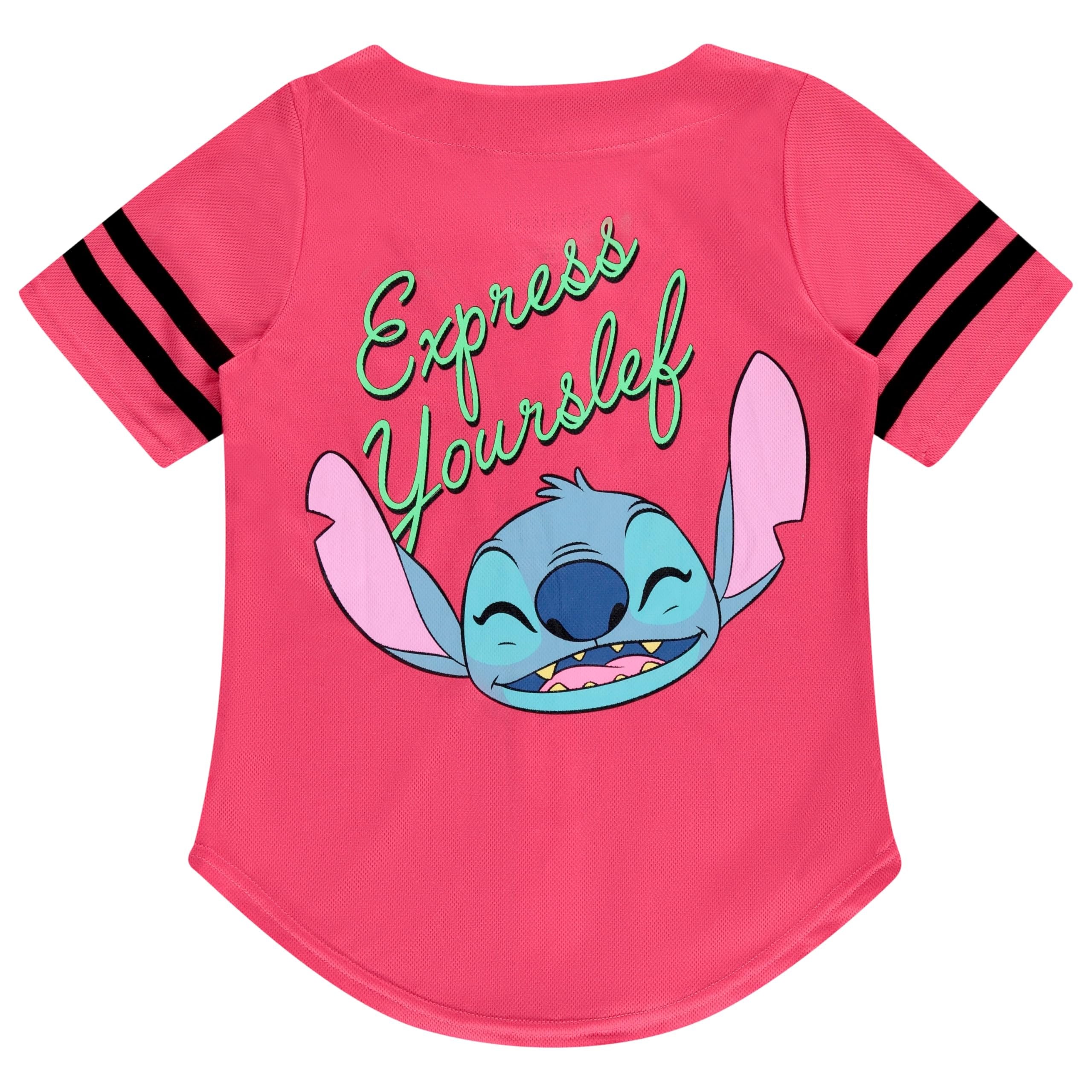 Disney Girls Baseball Jersey T-Shirt with Lilo & Stitch and Mickey Mouse- Girls Sizes 4-16 Hot Pink