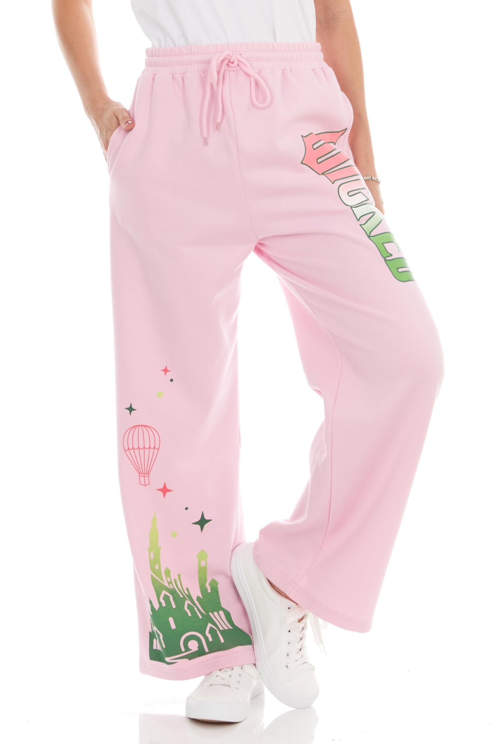 Wicked Womens Wicked Glinda & Elphaba Women’s, Ladies & Juniors Pink Wide-Leg Jogger Fleece Pant