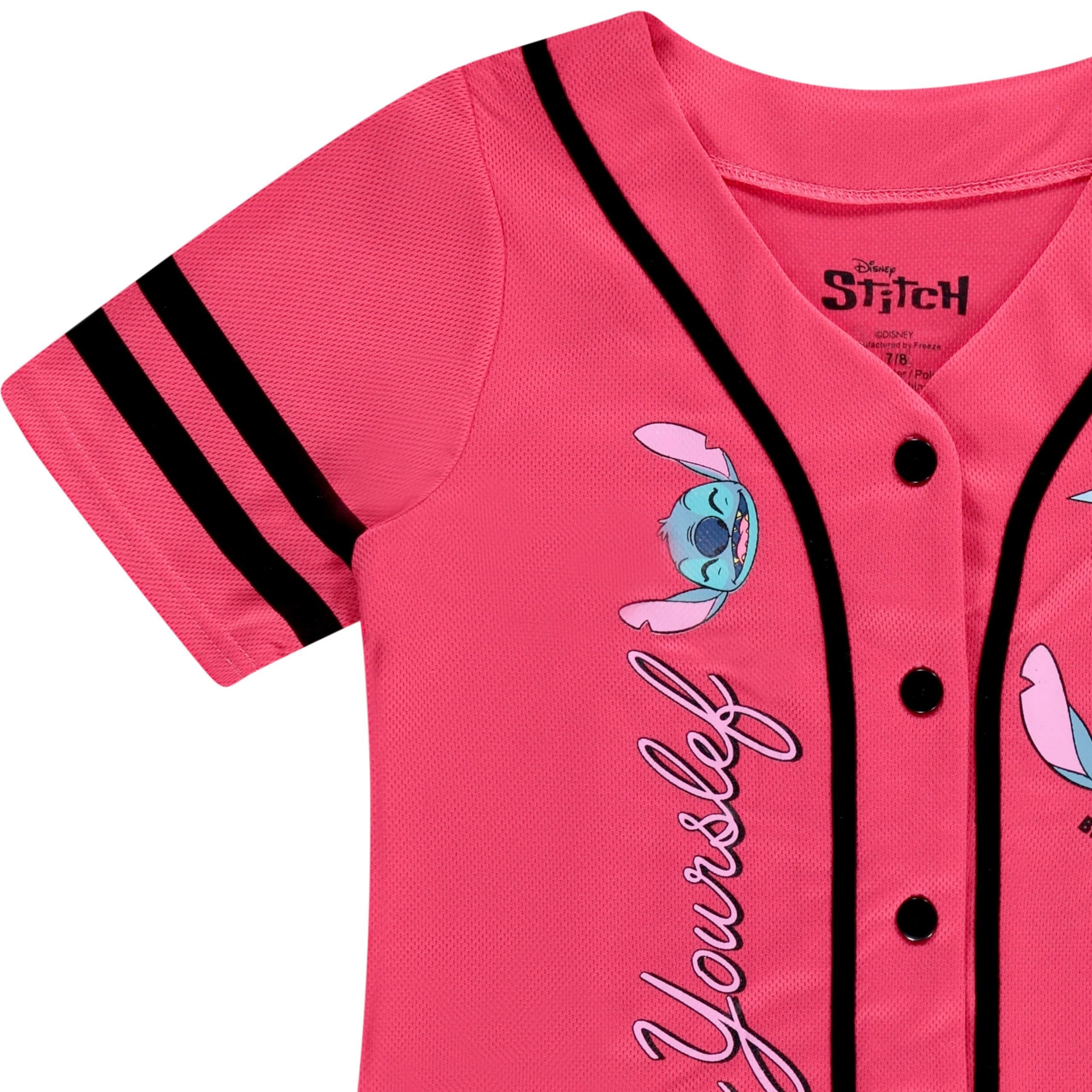 Disney Girls Baseball Jersey T-Shirt with Lilo & Stitch and Mickey Mouse- Girls Sizes 4-16 Hot Pink