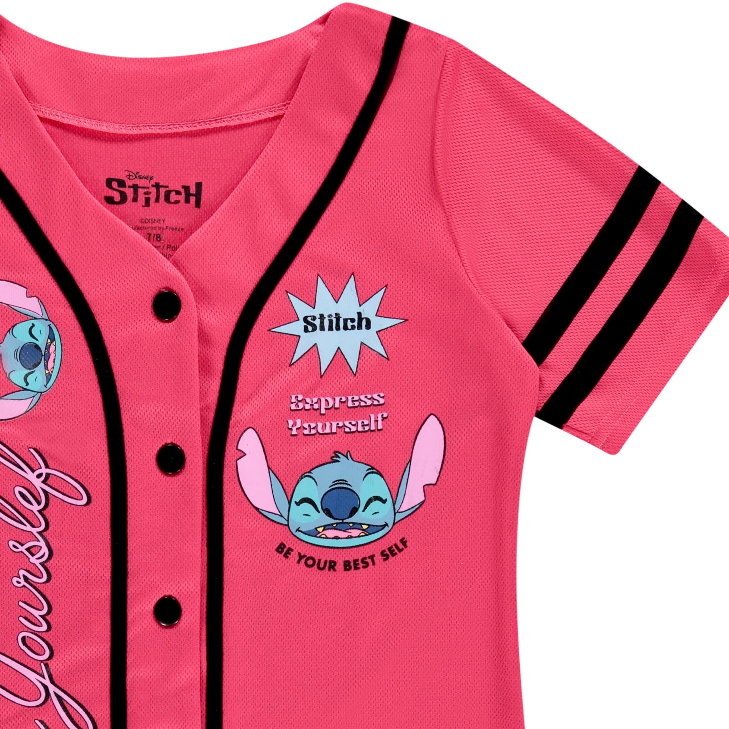 Disney Girls Baseball Jersey T-Shirt with Lilo & Stitch and Mickey Mouse- Girls Sizes 4-16 Hot Pink