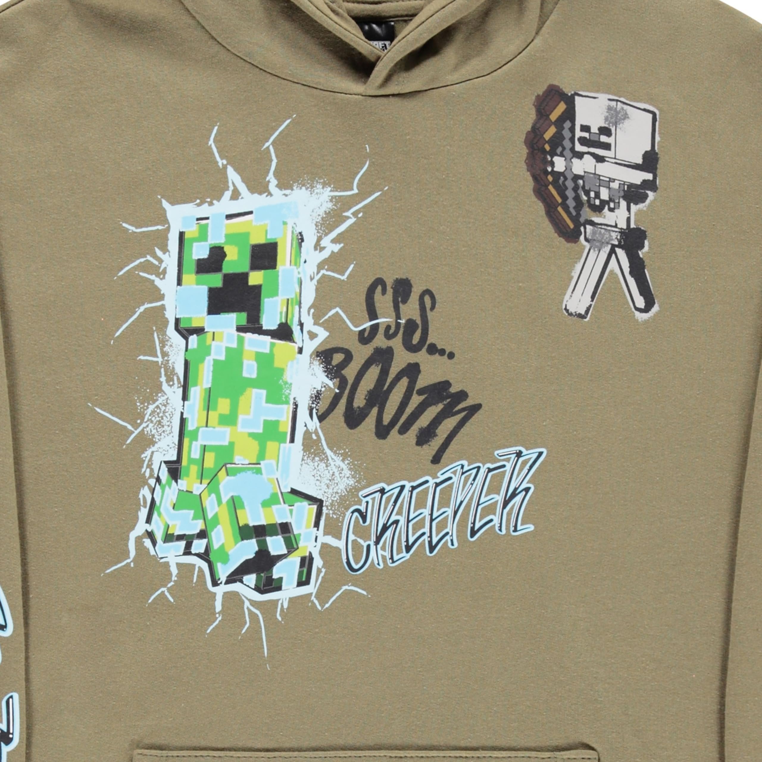 Minecraft Boys Pullover Hoodie, Creeper Graphic Fleece Sweatshirt, Olive Green, Sizes S–XL