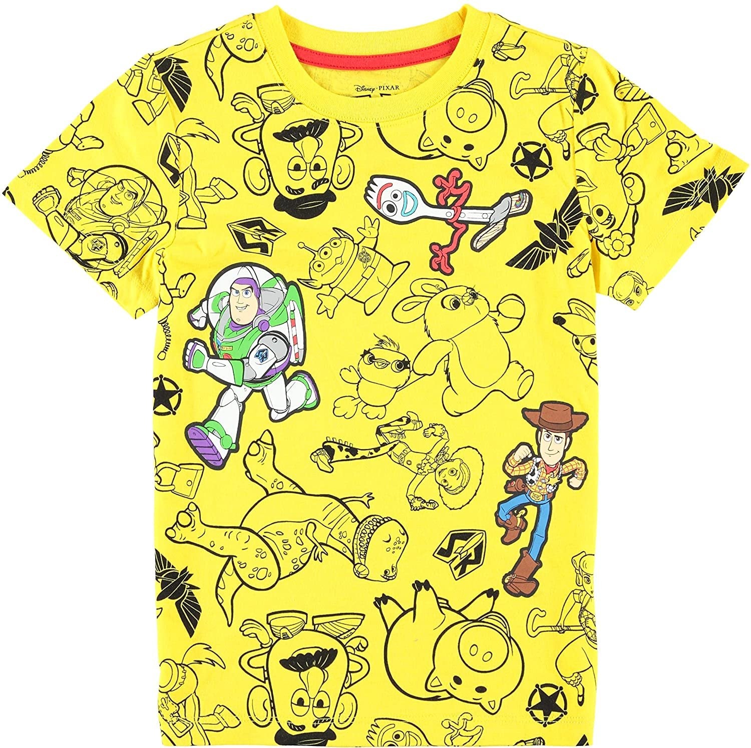 Disney Toy Story Boys Short Sleeve T-Shirt - All Over Print T-Shirt - Woody, Buzz, Forky, Jessie, Rex and Aliens