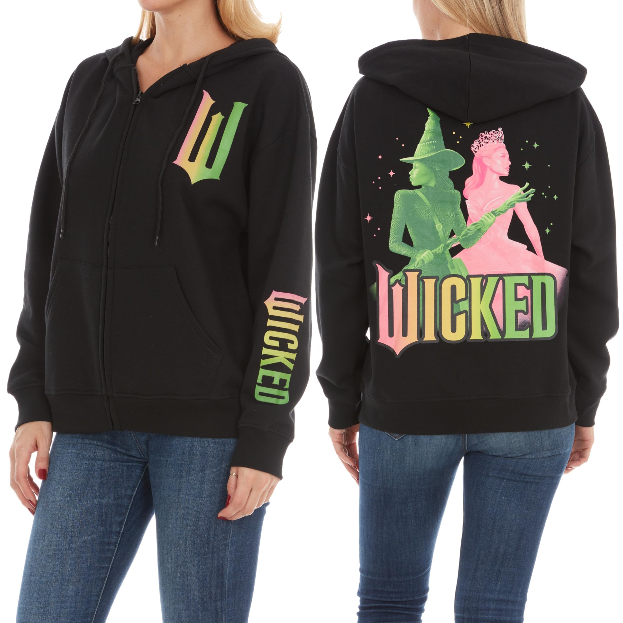 Wicked womens Wicked Glinda & Elphaba Women’s, Ladies & Juniors Black Zip Multi-hit Hoodie