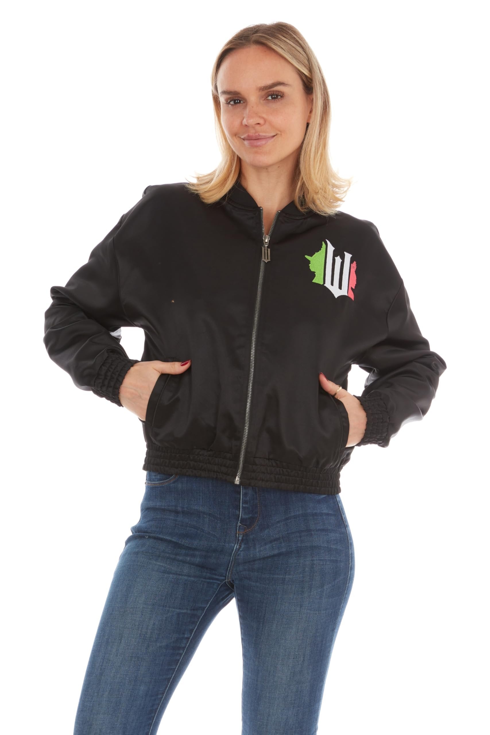 Wicked womens Wicked Women’s, Ladies & Juniors Satin Bomber Jacket With Embroidery, Applique Patches & Printed Lining