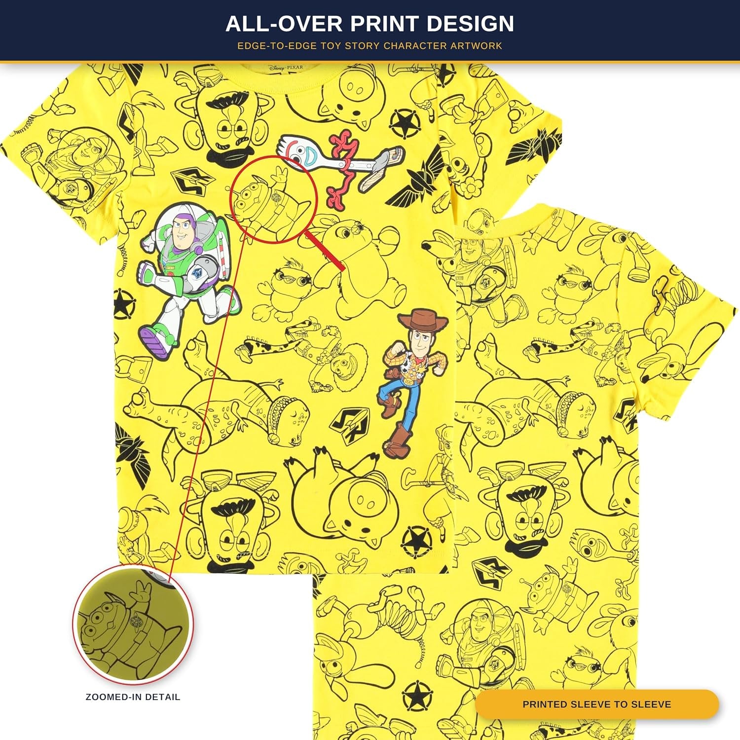 Disney Toy Story Boys Short Sleeve T-Shirt - All Over Print T-Shirt - Woody, Buzz, Forky, Jessie, Rex and Aliens
