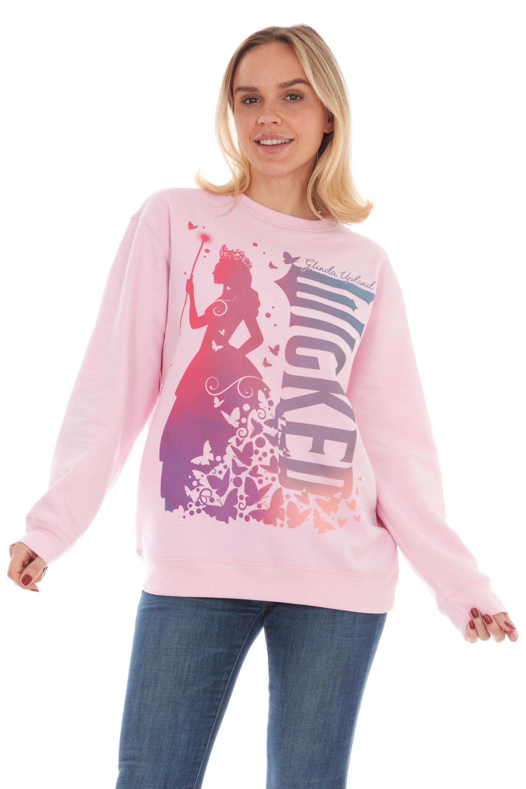 Wicked womens Wicked Glinda Women’s, Ladies & Juniors Pink Crewneck Sweatshirt With Glitter Sleeves