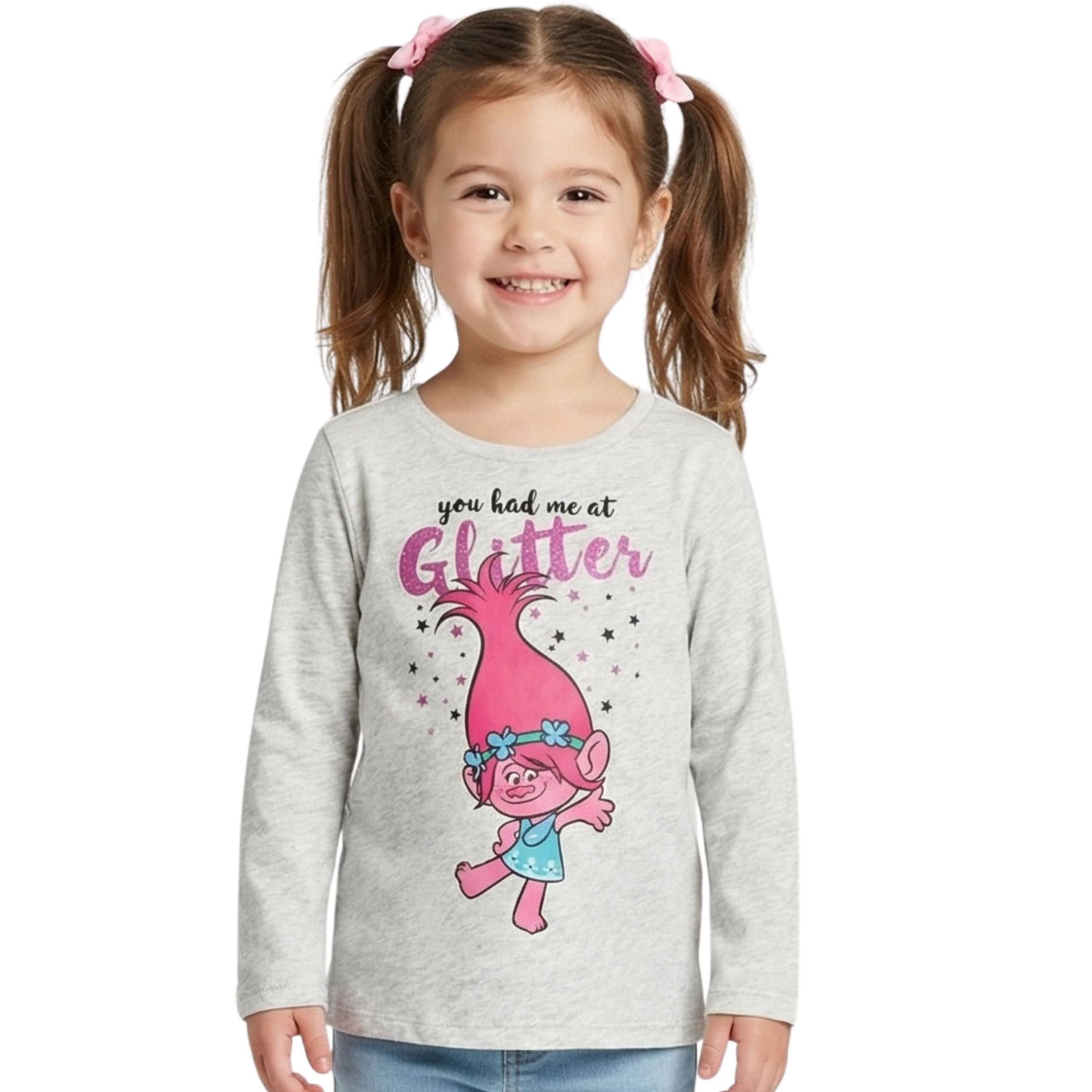 Trolls Toddler Girls Poppy & Branch 2 Pack T-Shirts Short Sleeve & Long Sleeve Sizes 2T-5T