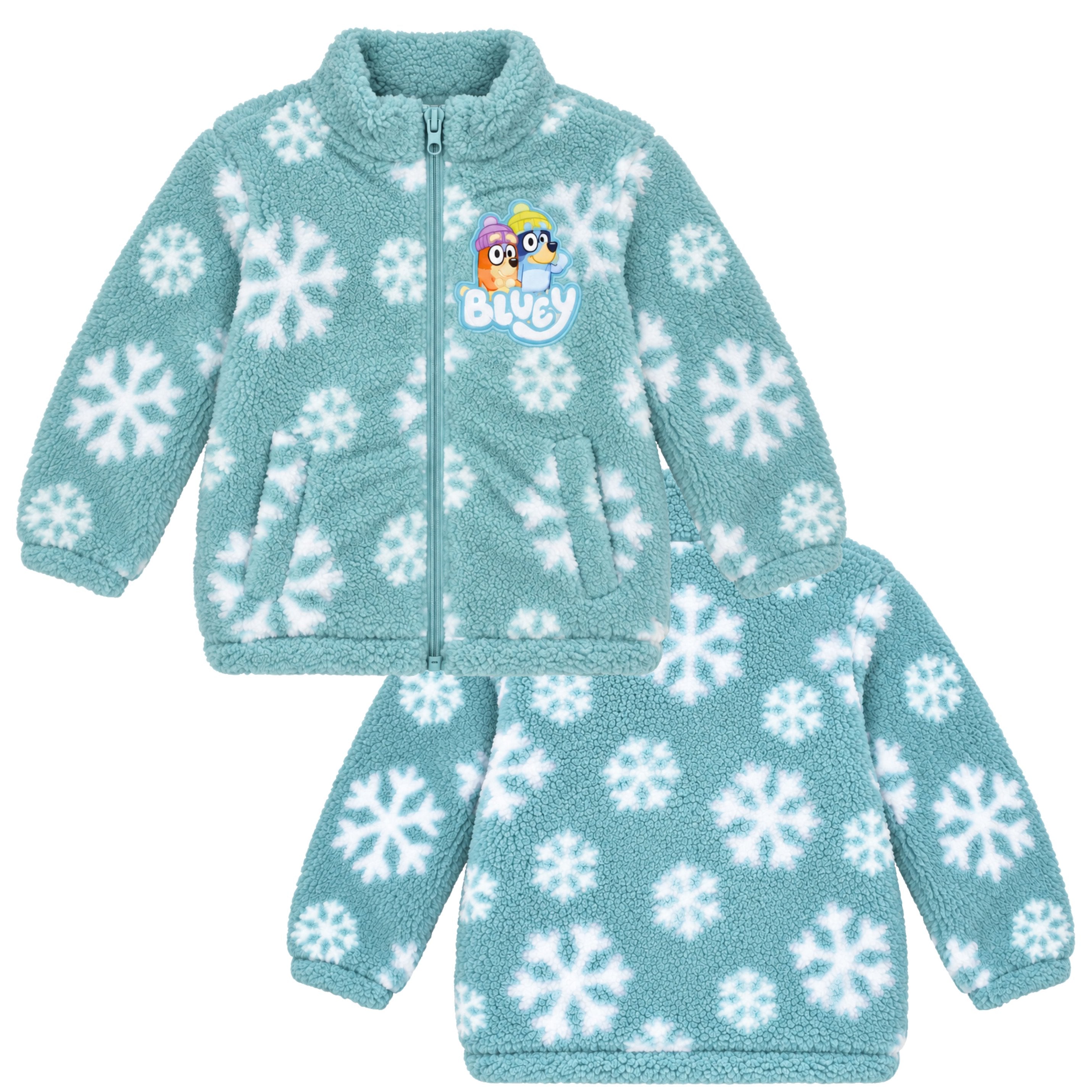 Bluey Toddler Sherpa Full-Zip Jacket, Snowflake Print, Light Aqua