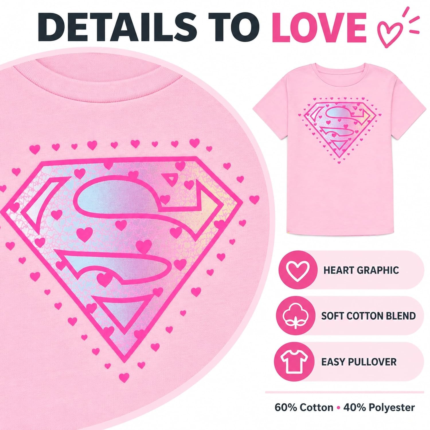 Supergirl Girls Pink Heart Logo Graphic T-Shirt, Short Sleeve, Sizes 4-16